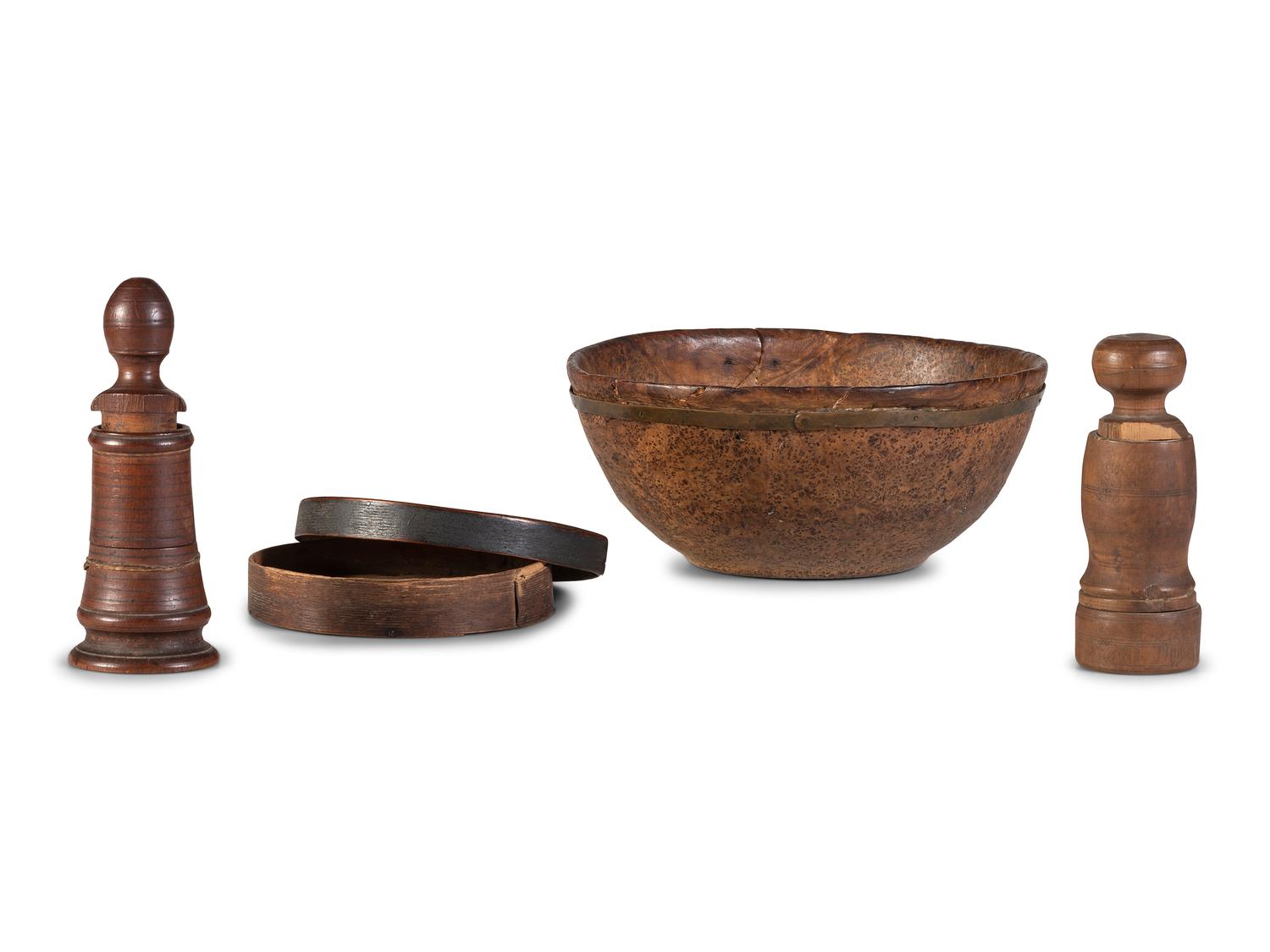 A Burlwood Bowl, Turned Box and Two Pepper Grinders