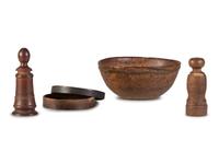 A Burlwood Bowl, Turned Box and Two Pepper Grinders