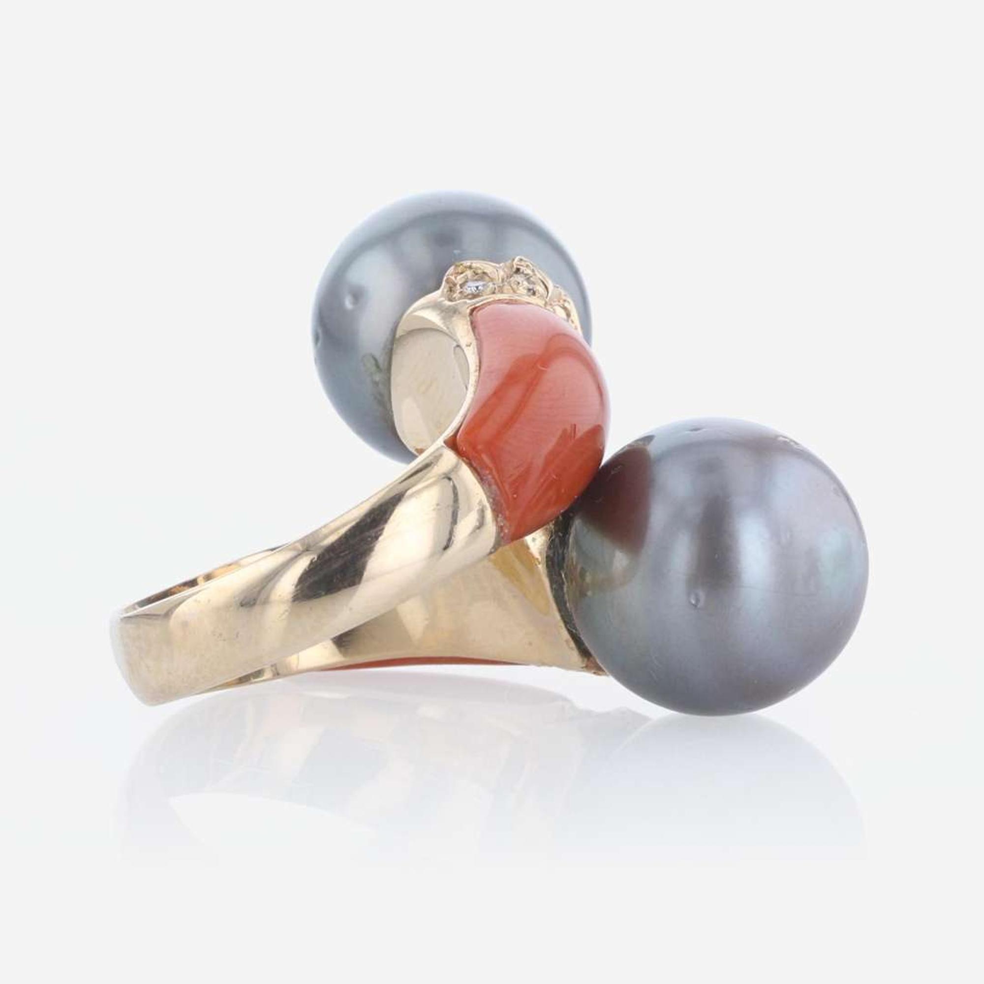 A 14K Yellow Gold Tahitian Pearl, Coral, and Diamond Ring Italian,
