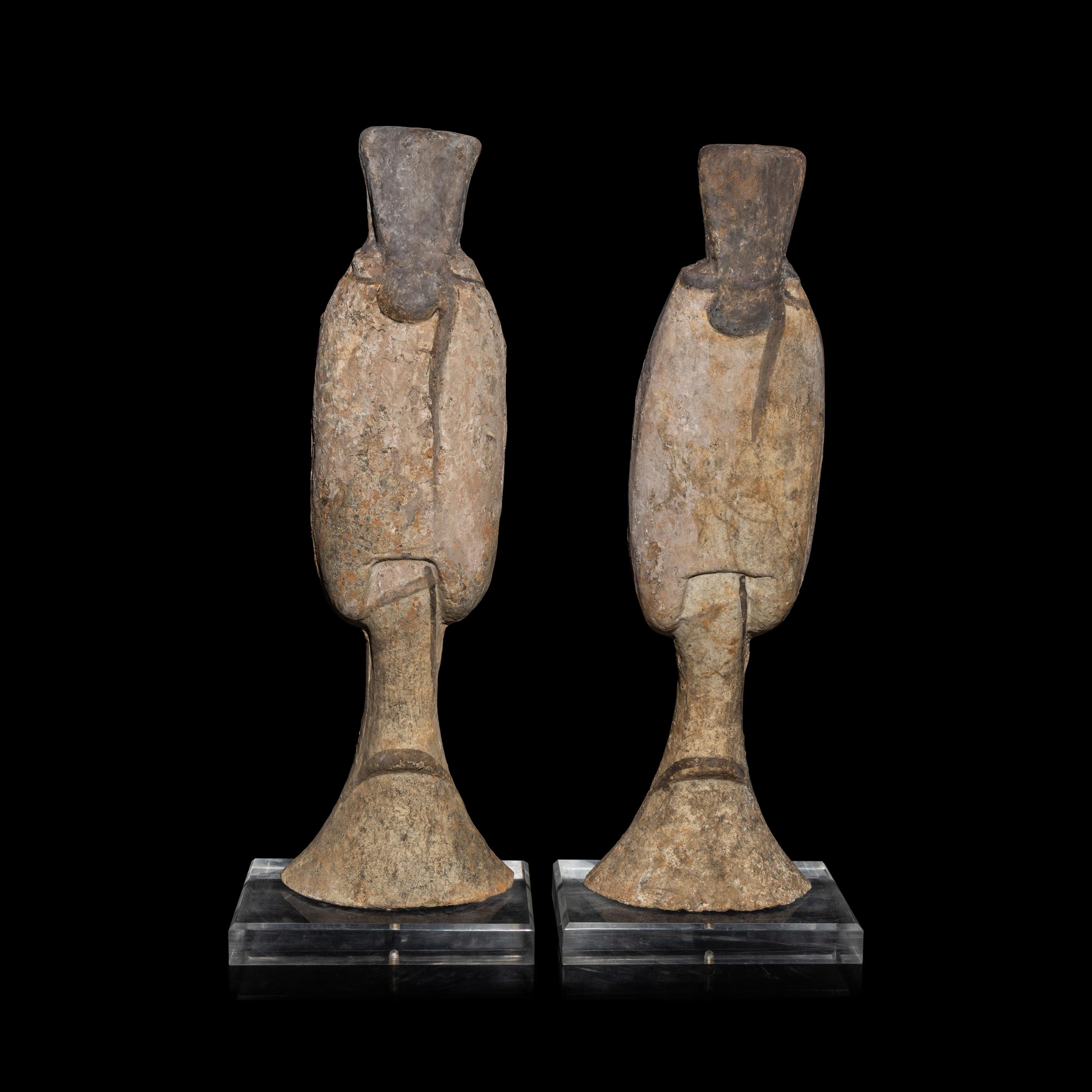 A Pair of Chinese Painted Pottery Figures of Attendants, Han Dynasty — 漢 陶加彩侍女俑一對