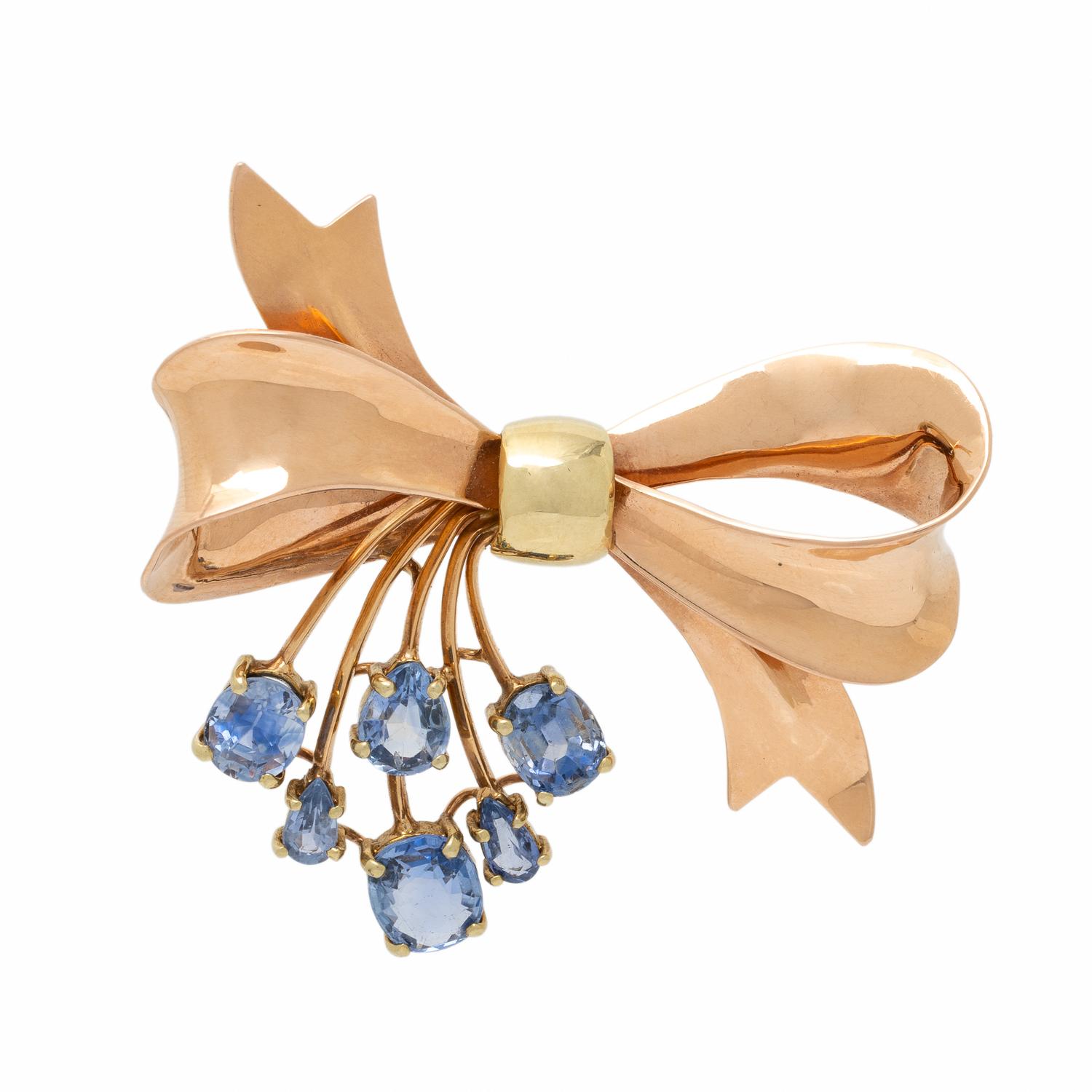 Bicolor Gold and Sapphire Bow Brooch