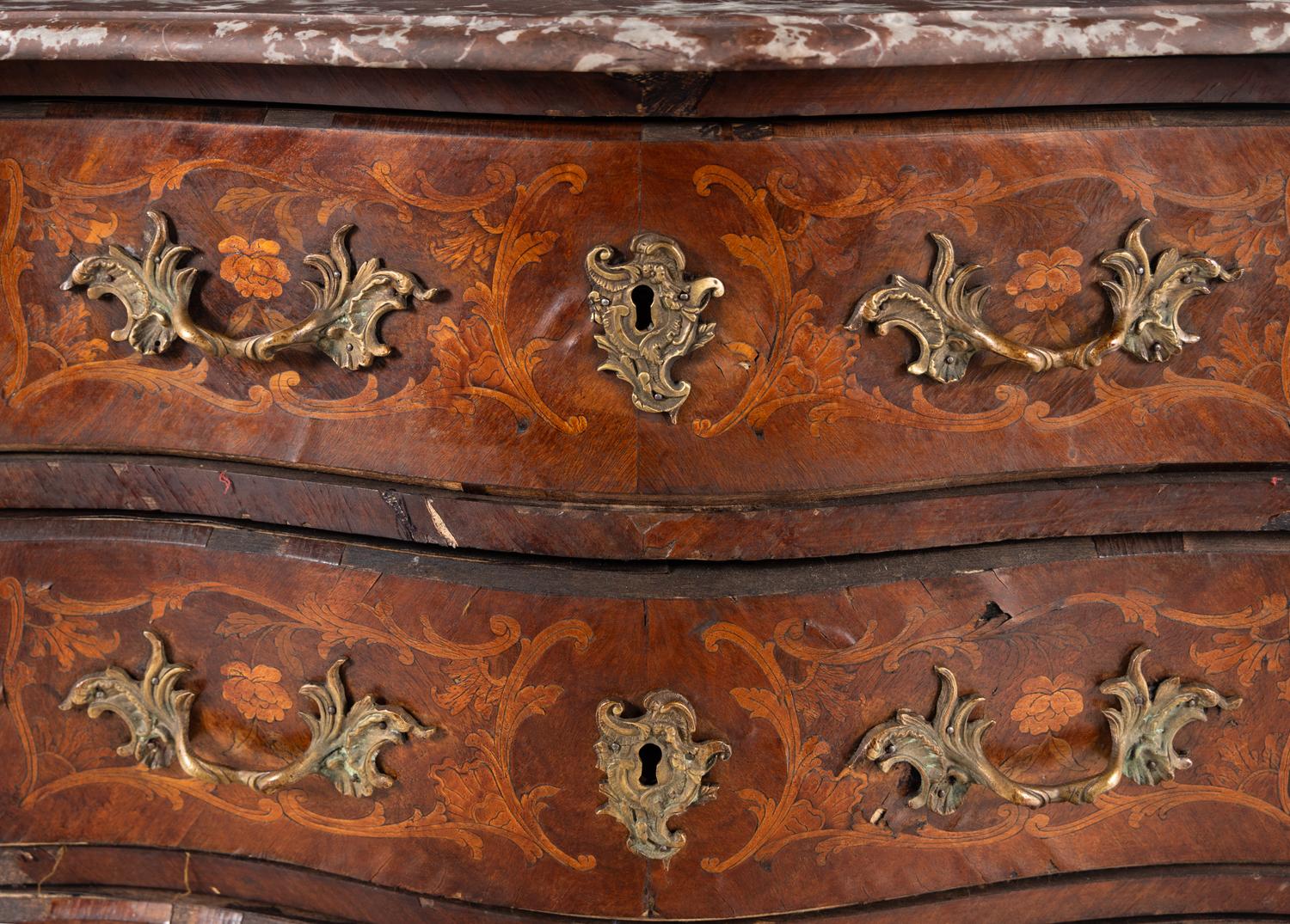 A Louis XV Style Gilt Bronze Mounted Marquetry Marble-Top Commode