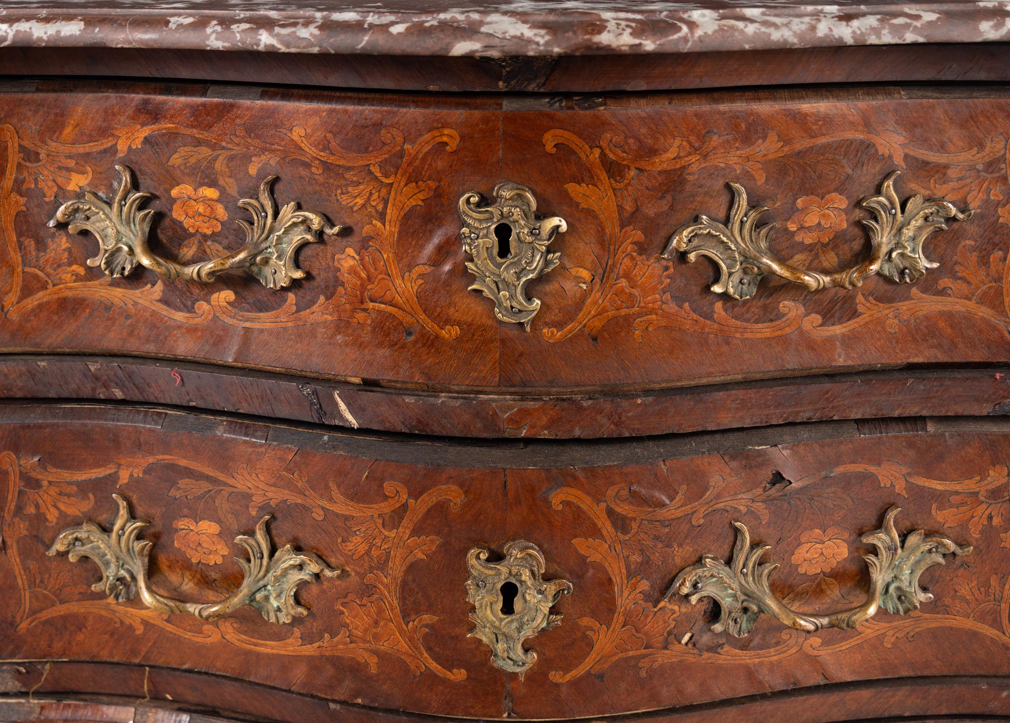 A Louis XV Style Gilt Bronze Mounted Marquetry Marble-Top Commode