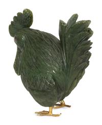 A Carved Spinach Jade and Jewel-Mounted Model of a Rooster