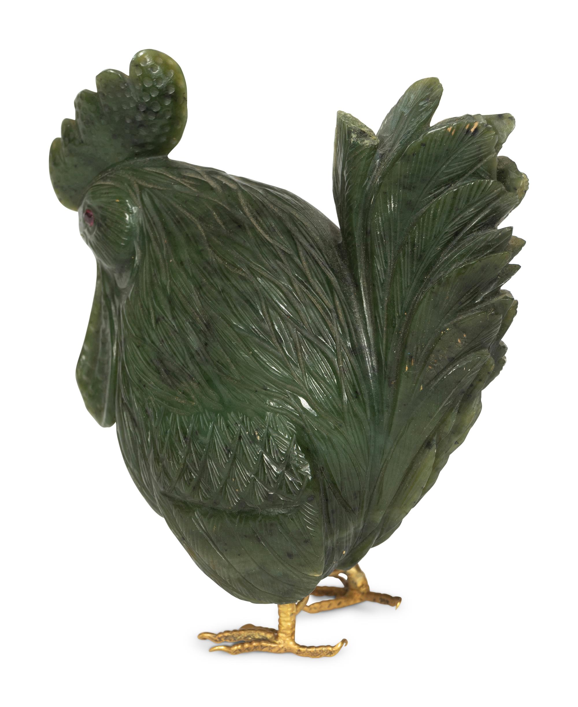 A Carved Spinach Jade and Jewel-Mounted Model of a Rooster