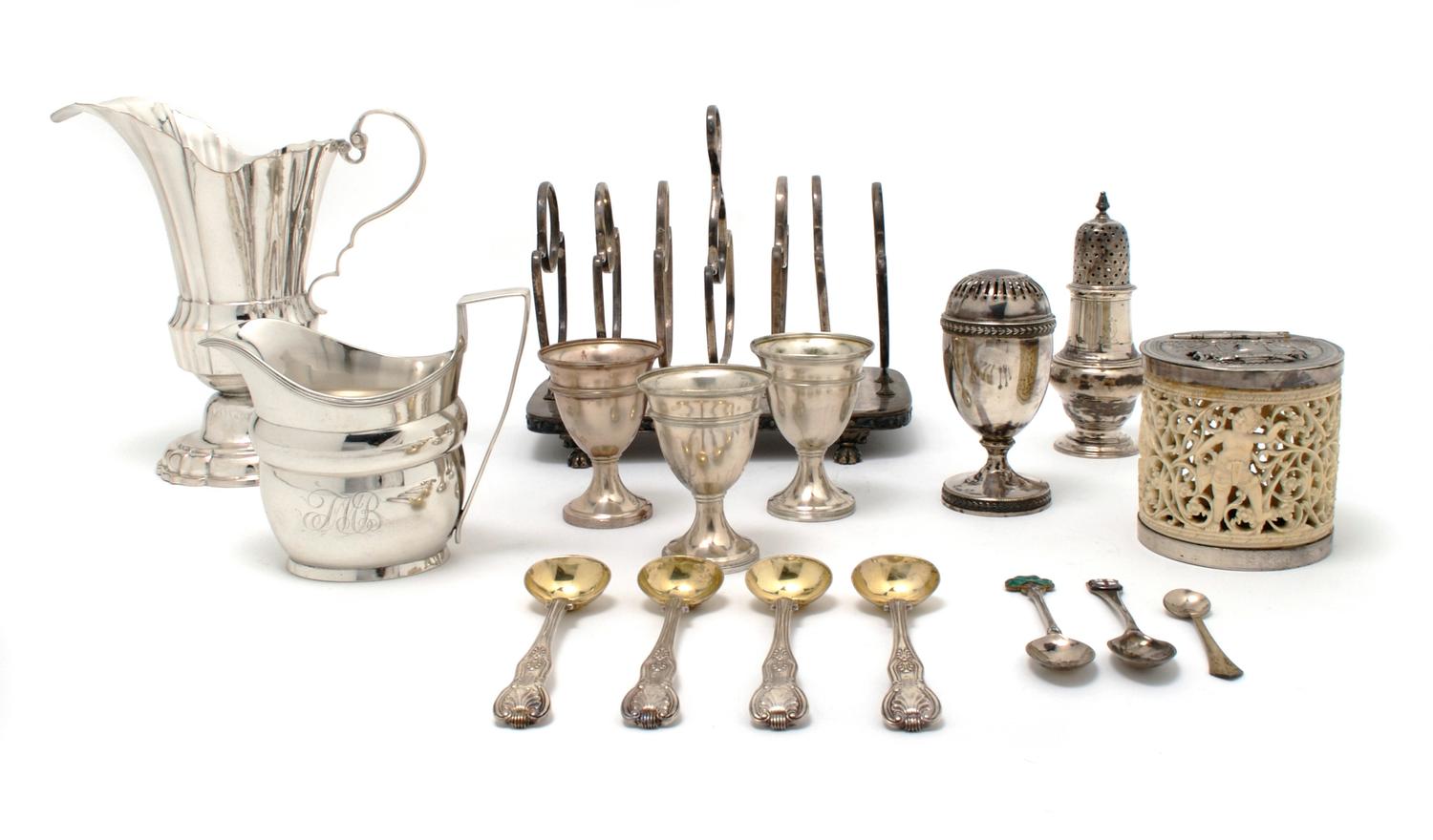 A Group of English Sterling Silver Table Articles, Width of widest 7 1/8 inches.