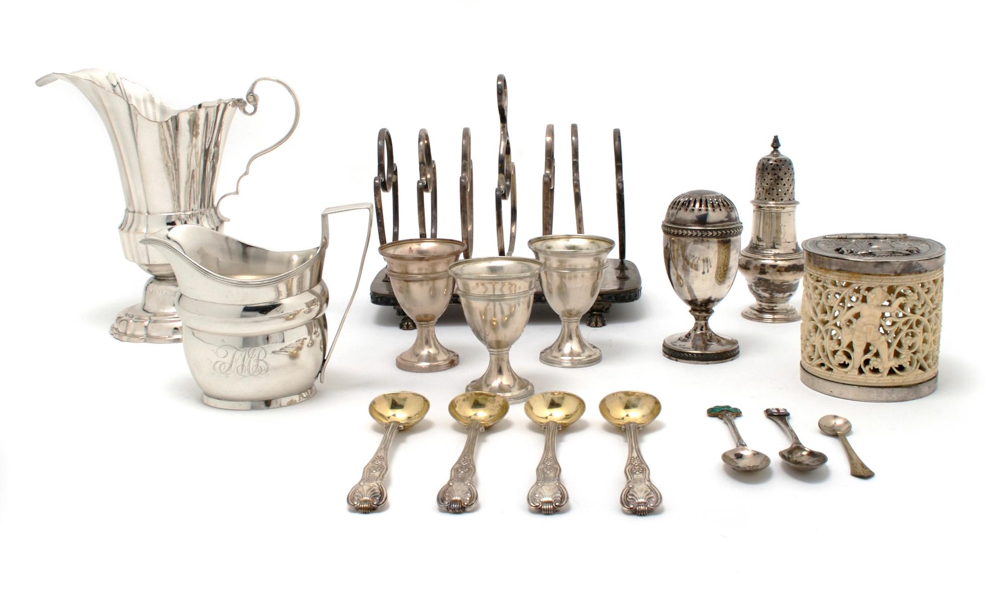 A Group of English Sterling Silver Table Articles, Width of widest 7 1/8 inches.
