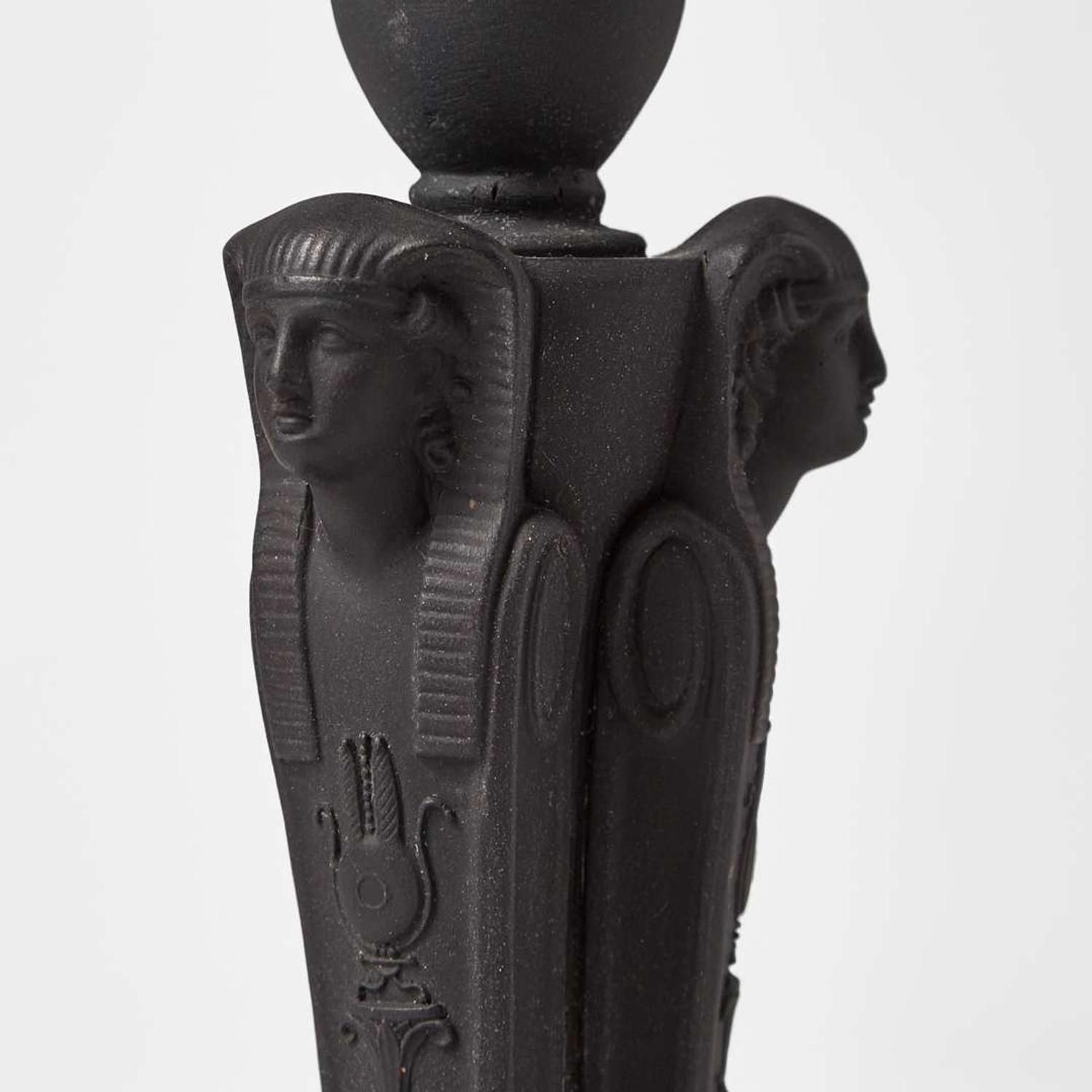 A Wedgwood Black Basalt Egyptian Revival Sphinx Monopodia Candleholder UK, early 19th century