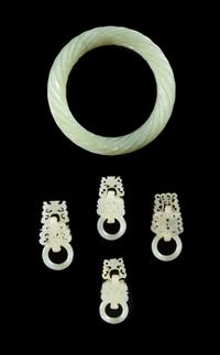 Five Celadon Jade Articles Diameter of largest 3 1/8 inches.