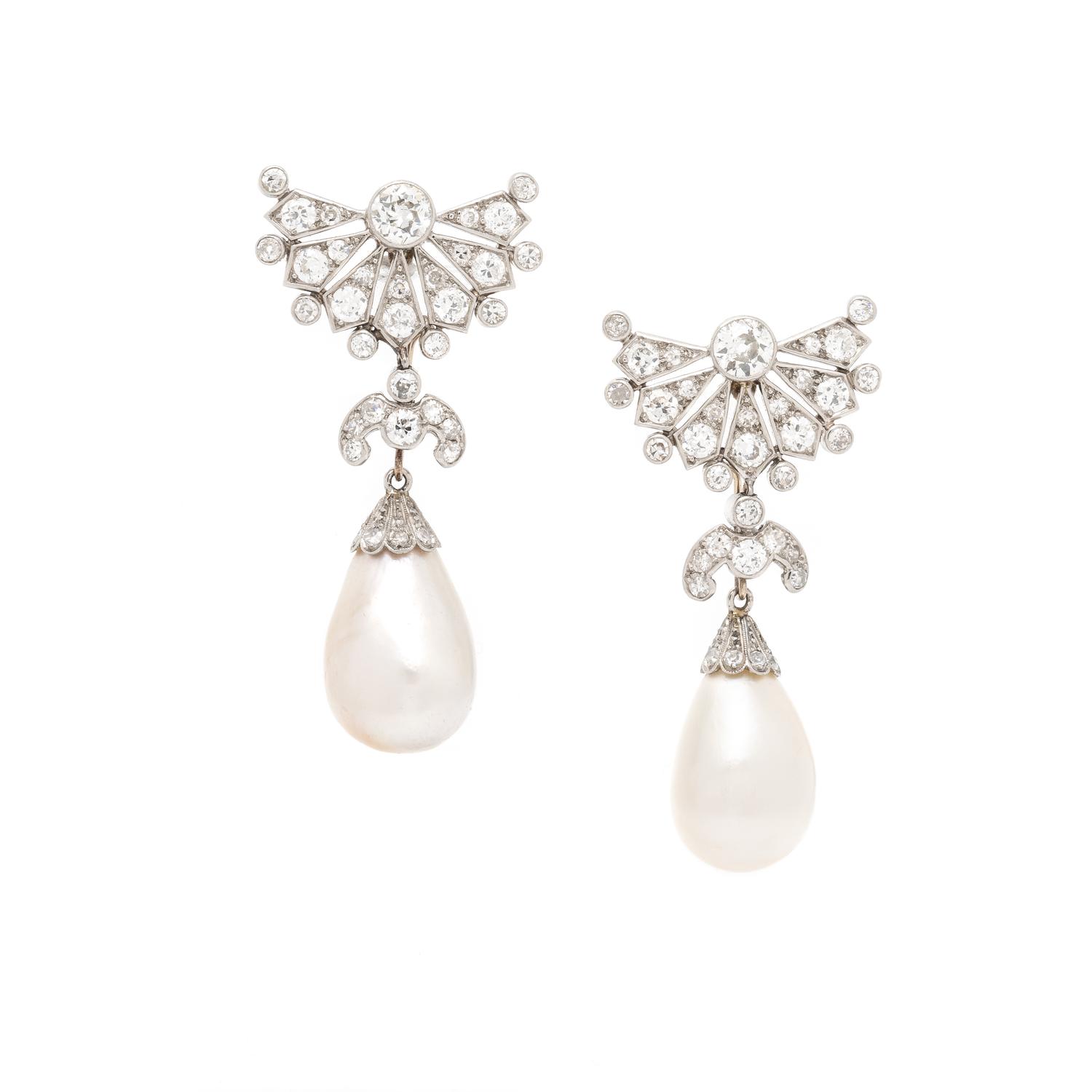 CARTIER, NATURAL PEARL AND DIAMOND EARRINGS WITH ADDITIONAL CARVED EMERALD DROPS