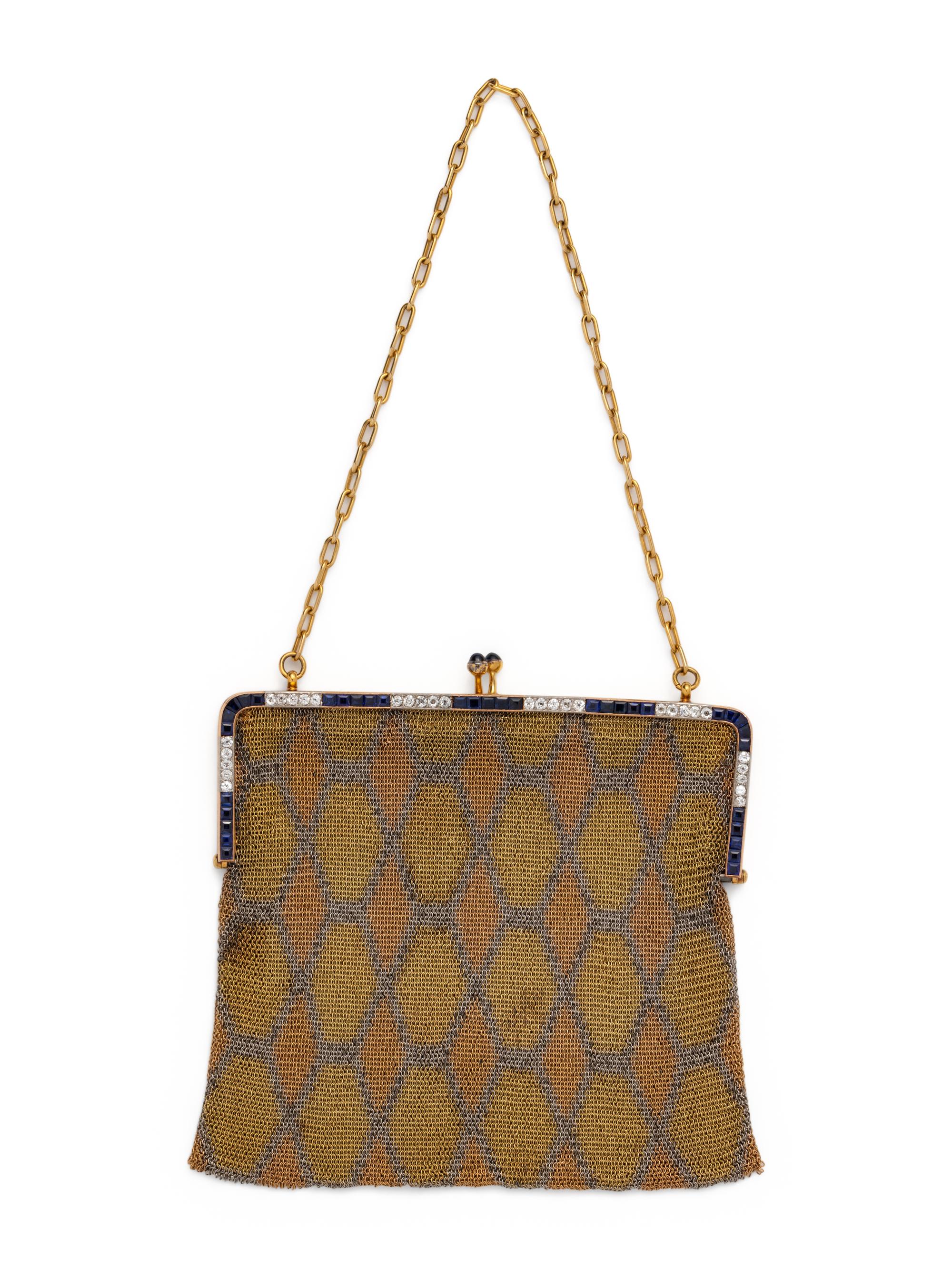 ANTIQUE, TRICOLOR GOLD, DIAMOND AND SAPPHIRE MESH PURSE