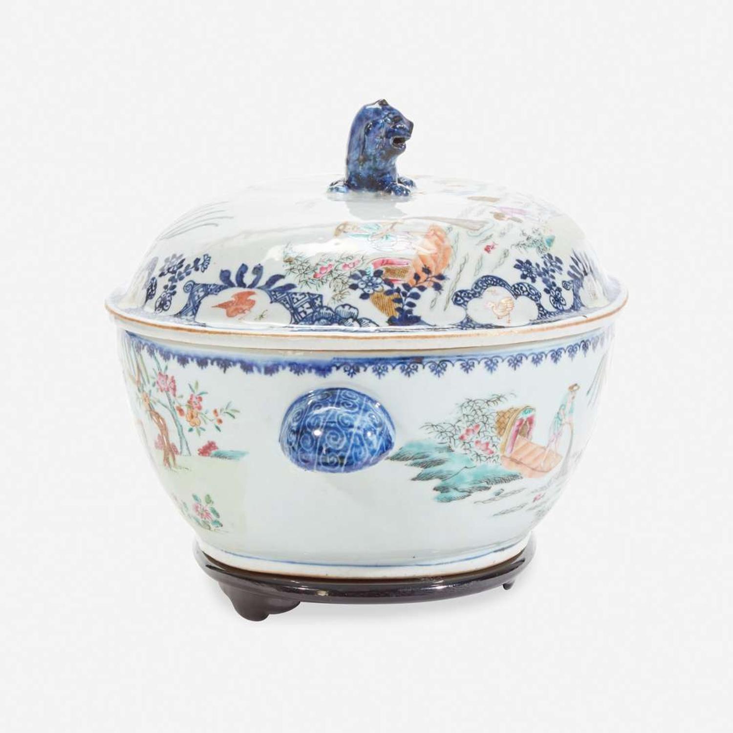 A Chinese Export Porcelain Famille Rose-Decorated 'Fisherman' Tureen and Cover Mid 18th century