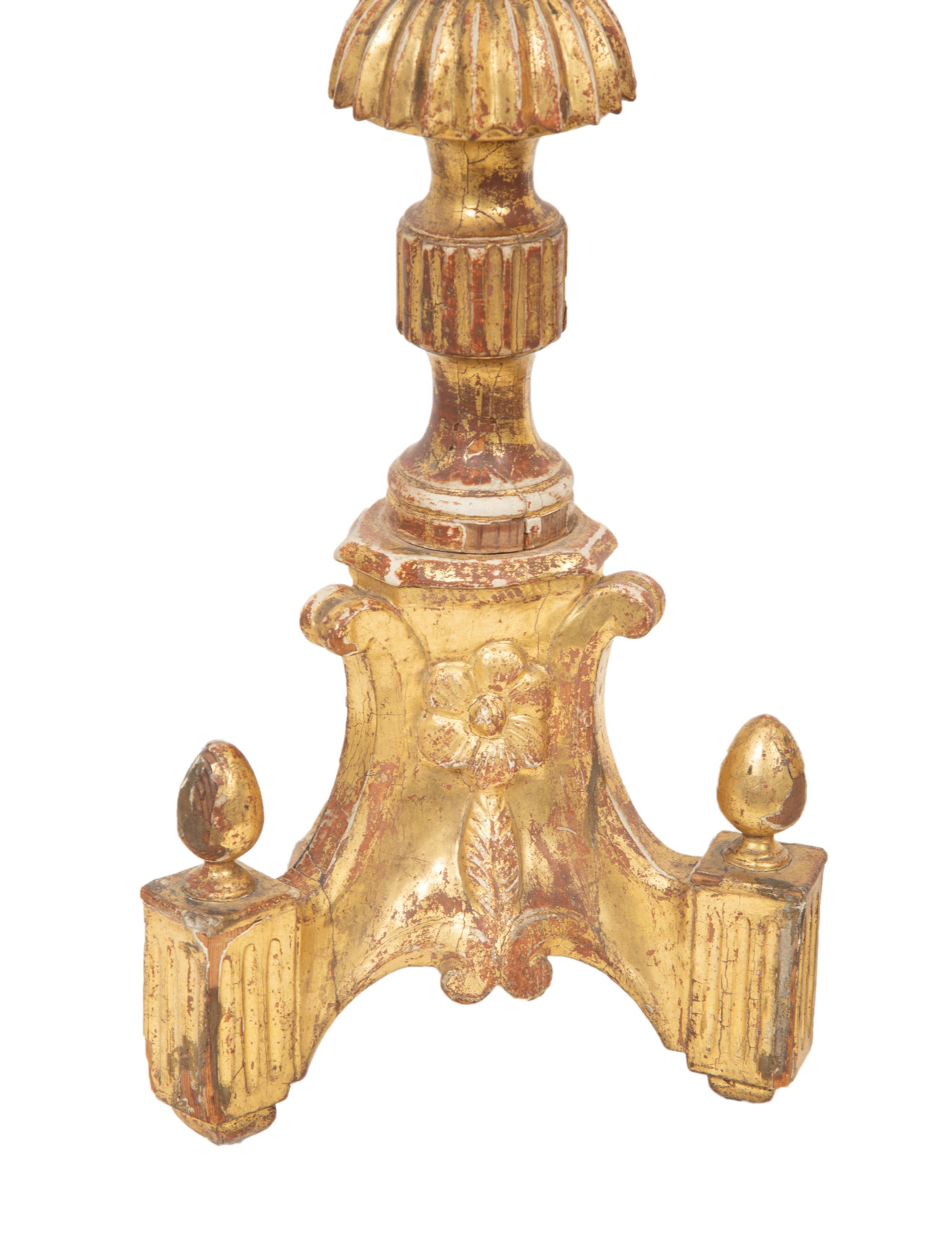 A Pair of Italian Giltwood Pricket Sticks Mounted as Lamps