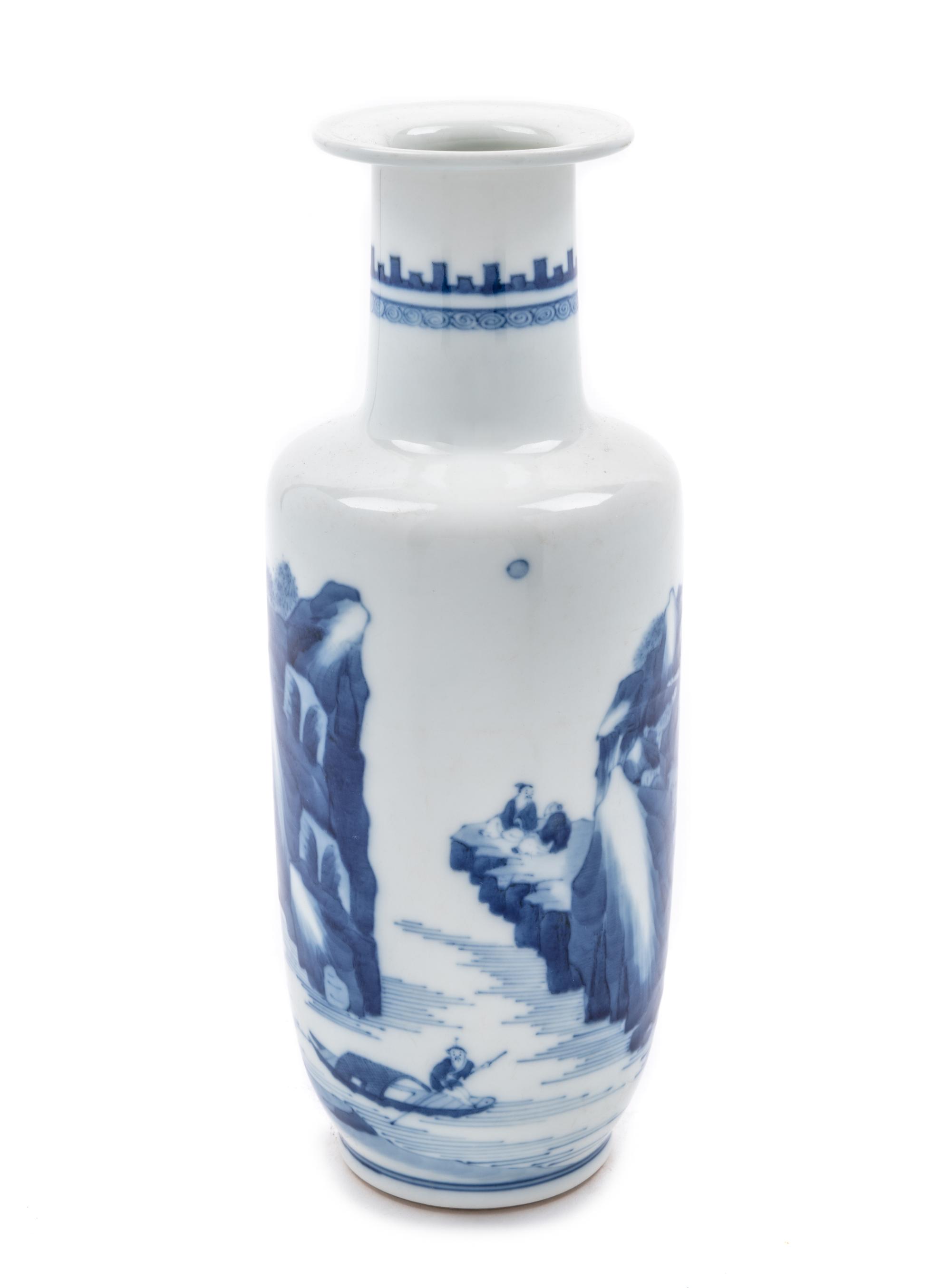 A Small Blue and White Porcelain Rouleau Vase