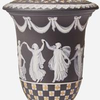 Two Wedgwood Tricolor Diceware Dancing Hours Vases with Covers UK, circa 1900