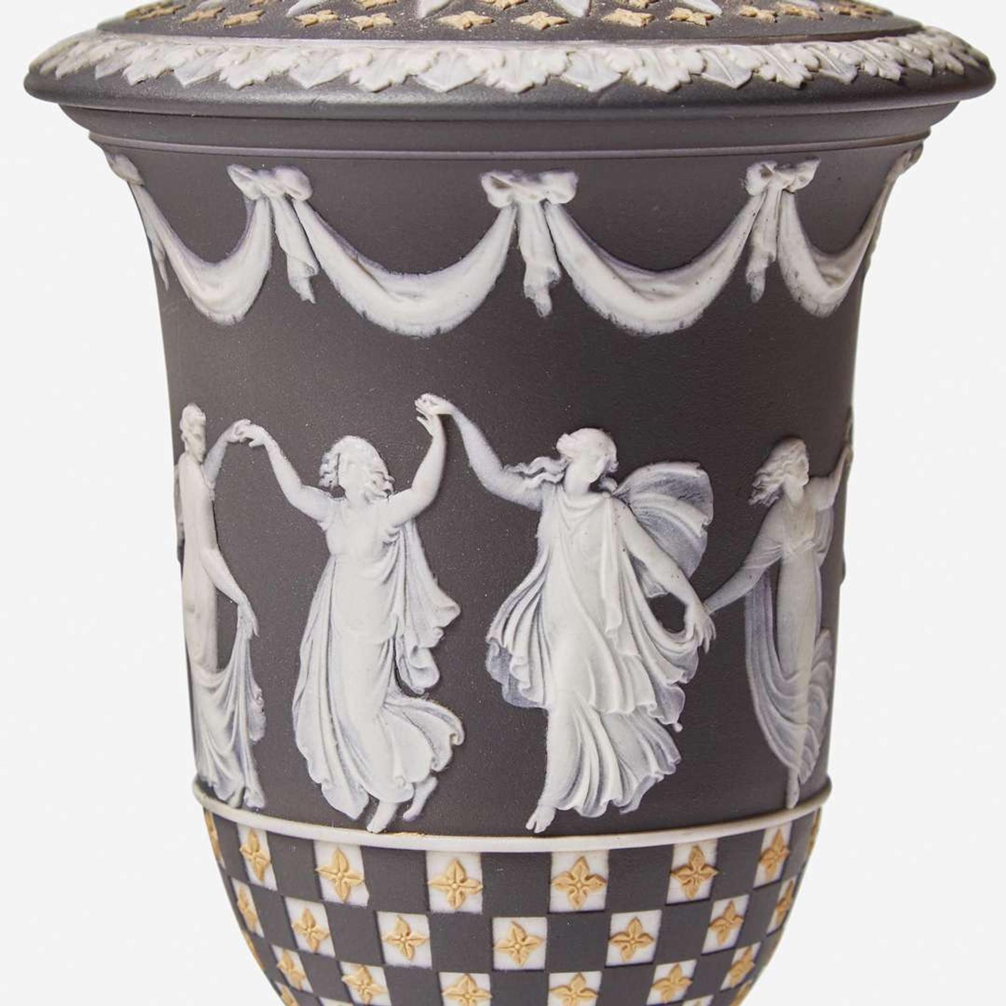 Two Wedgwood Tricolor Diceware Dancing Hours Vases with Covers UK, circa 1900