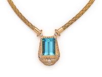 YELLOW GOLD, AQUAMARINE AND DIAMOND NECKLACE