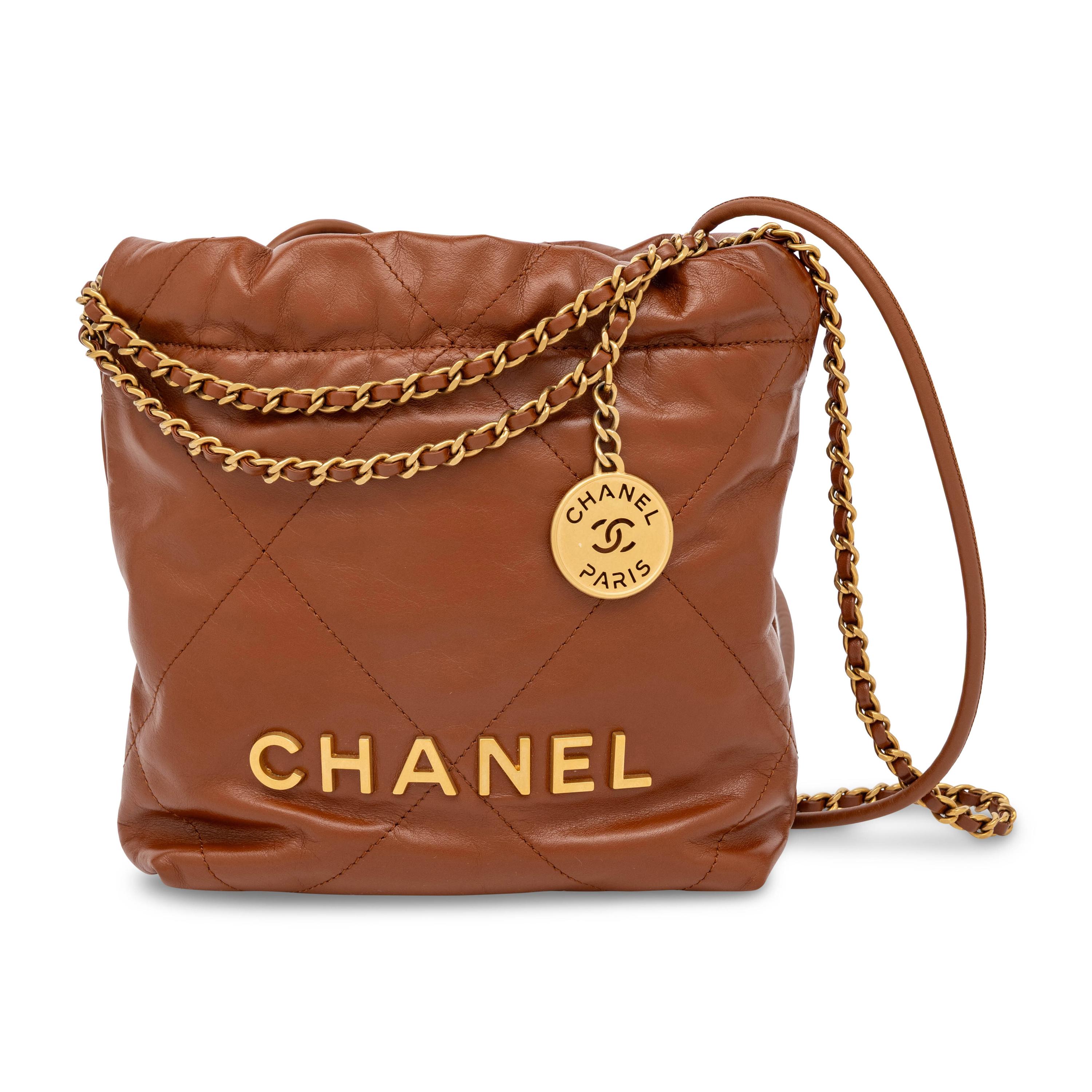Chanel, Mini 22 Bucket Bag in Brown Leather
