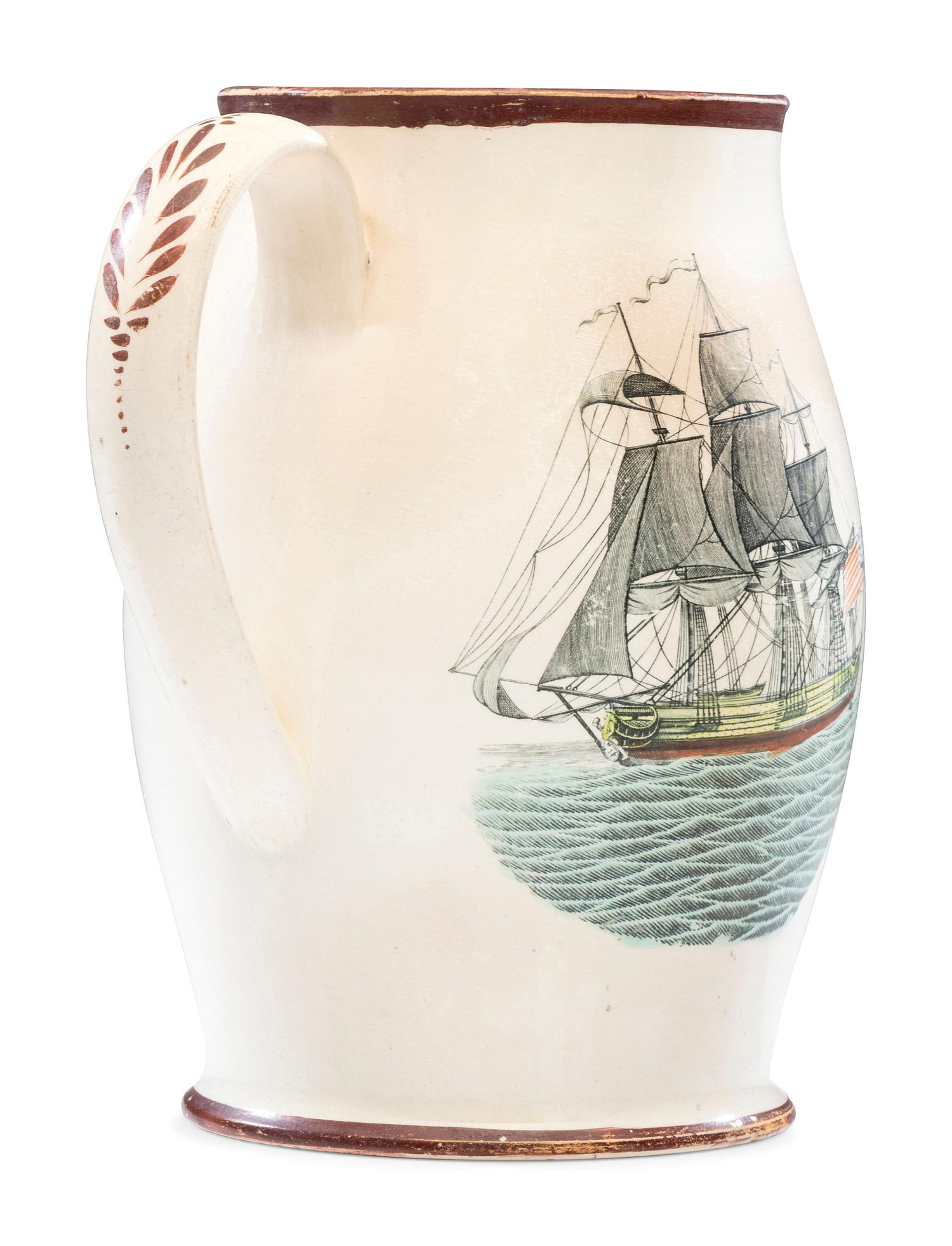 A Liverpool Transfer-Printed Creamware 'Memory of George Washington and the Proscribed Patriots of America' Pitcher with Polychrome Embellishment