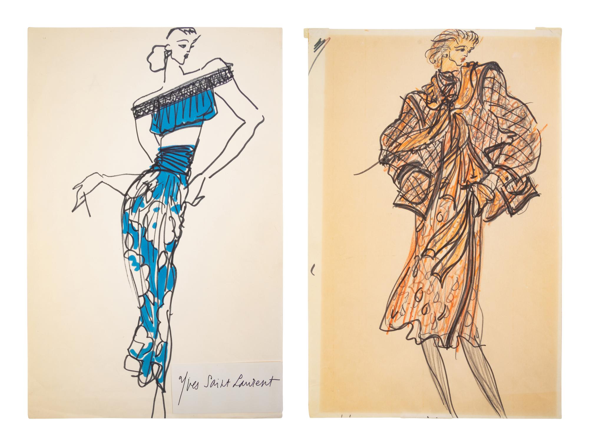 Two Fashion Sketches by Yves Saint Laurent, 1980s
