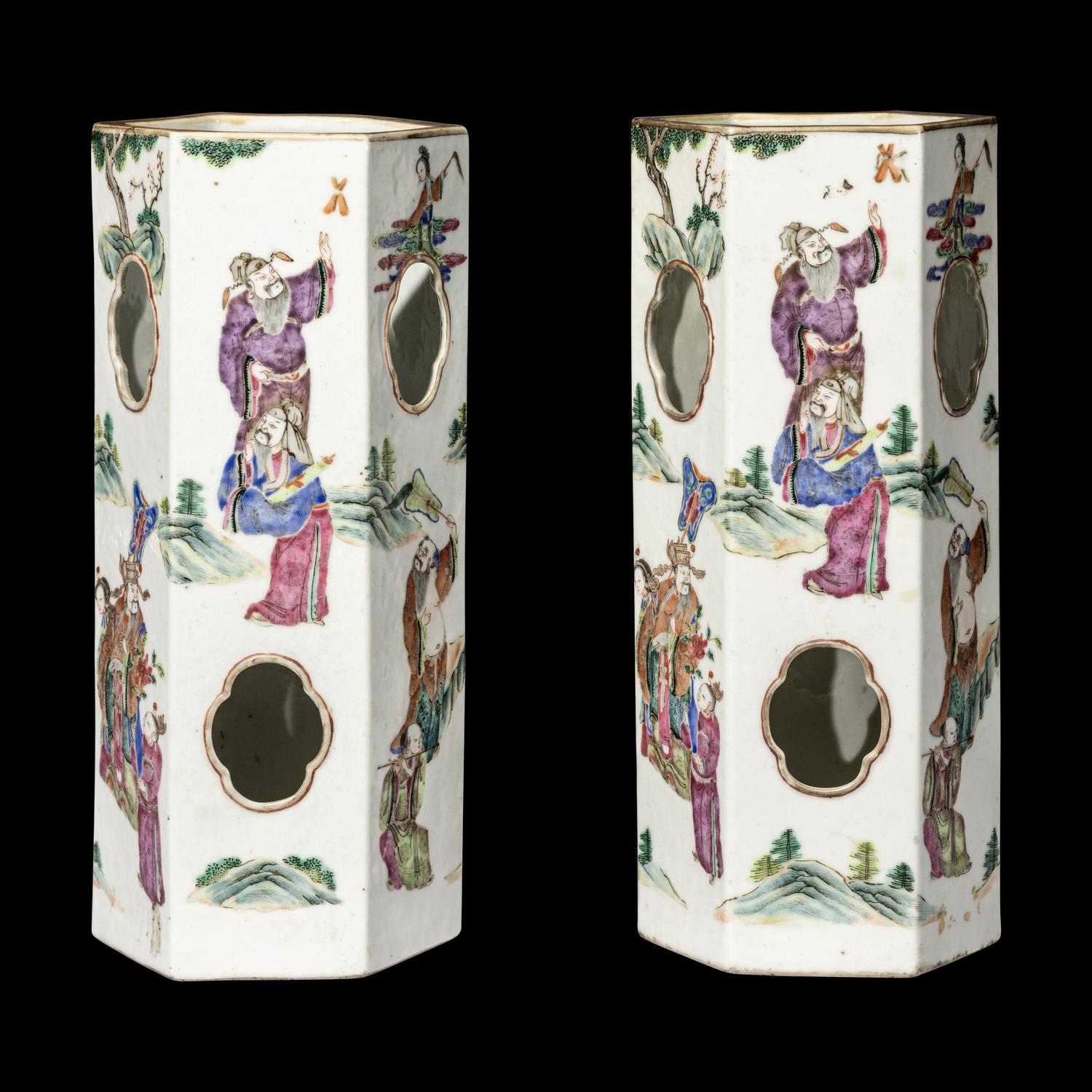 A Pair of Chinese Famille Rose Hexagonal Porcelain Hat Stands