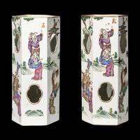 A Pair of Chinese Famille Rose Hexagonal Porcelain Hat Stands
