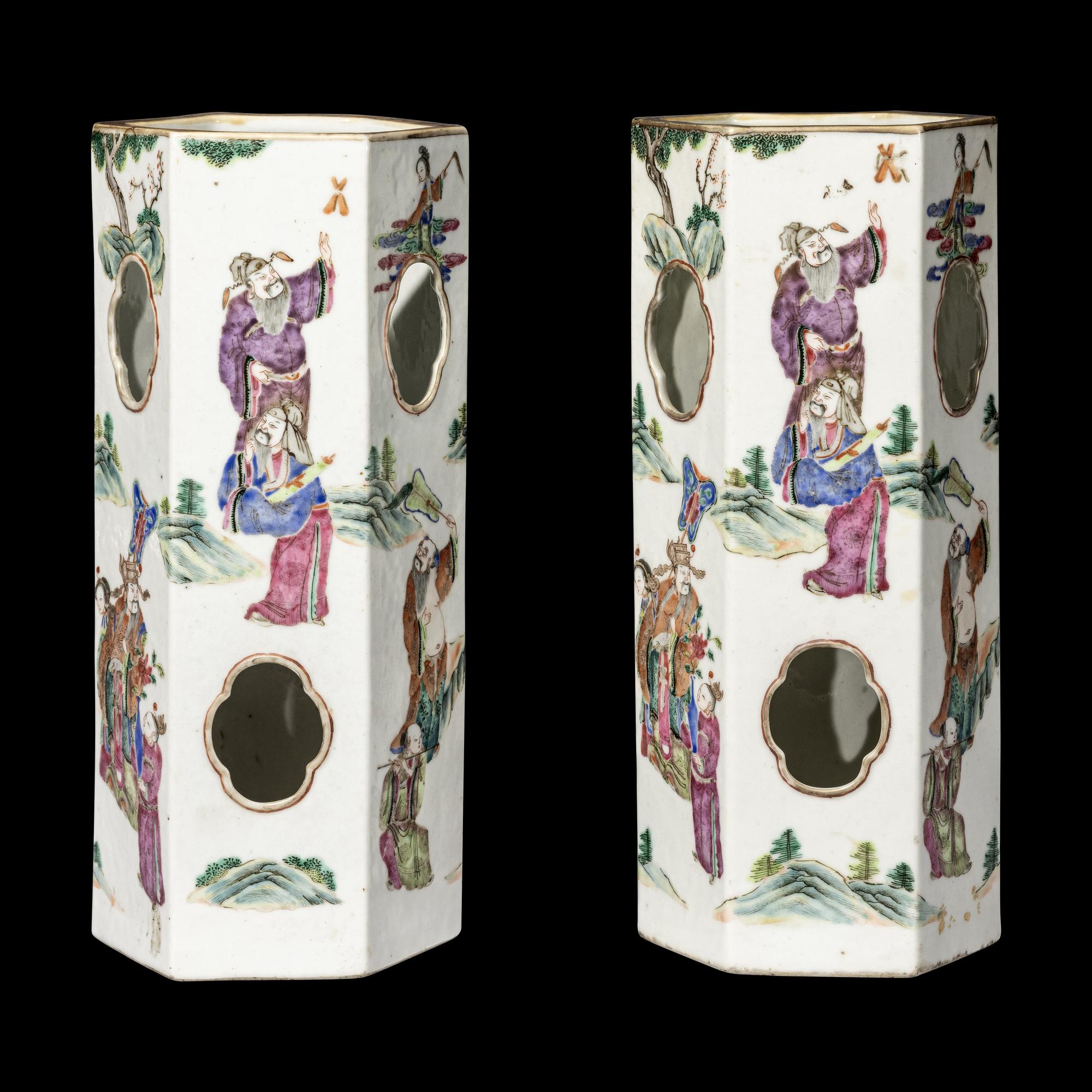 A Pair of Chinese Famille Rose Hexagonal Porcelain Hat Stands