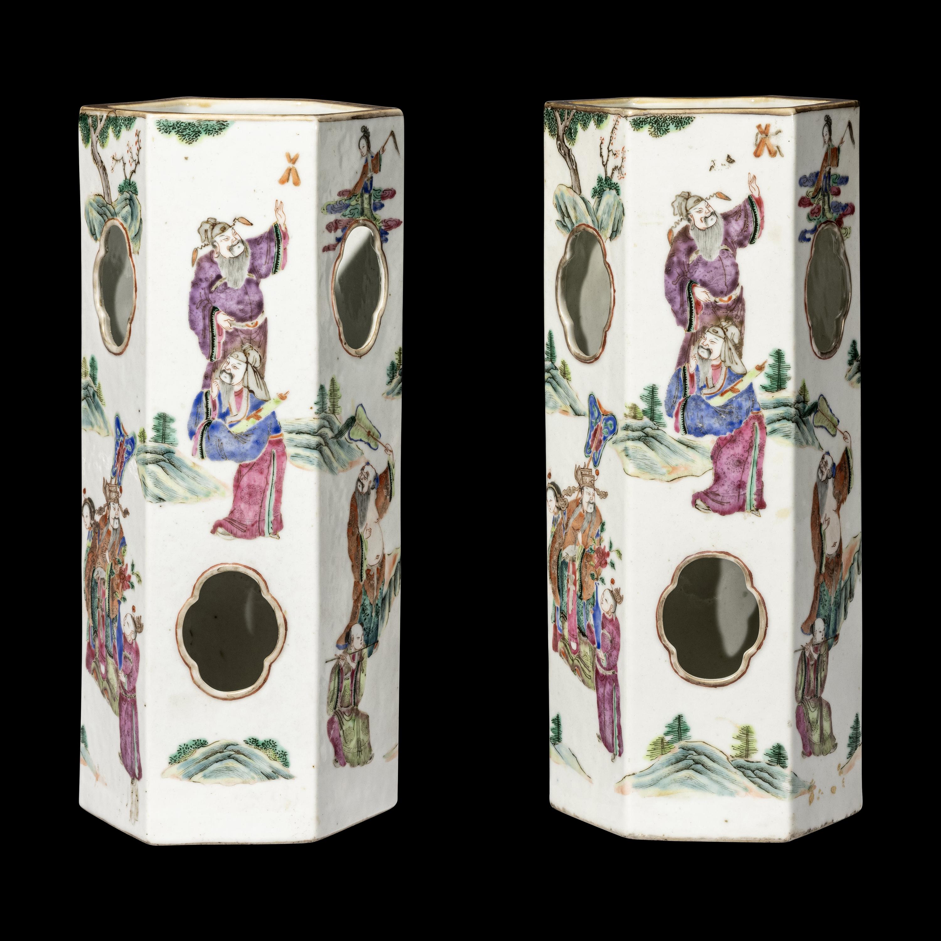 A Pair of Chinese Famille Rose Hexagonal Porcelain Hat Stands