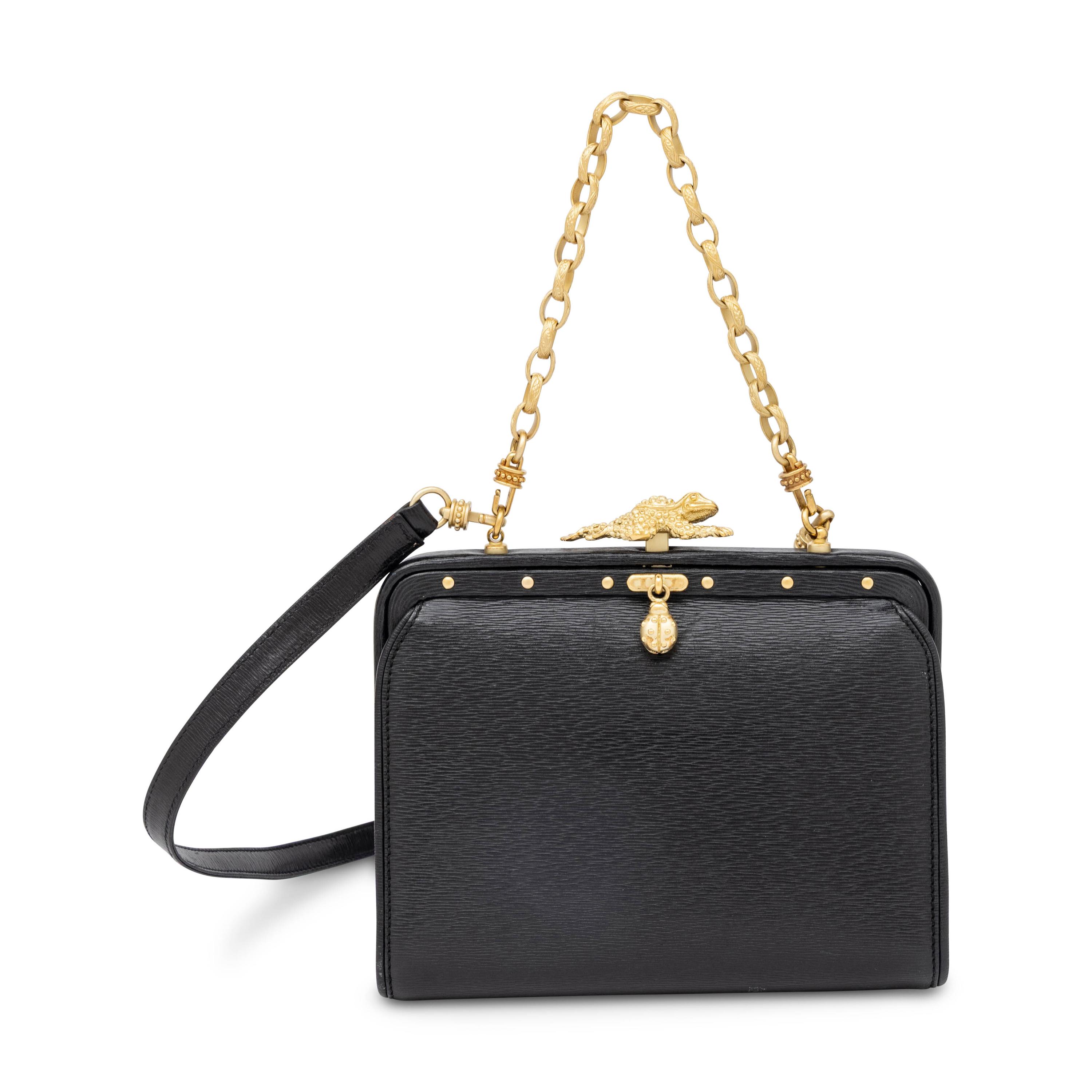 Kieselstein-Cord, Frame-Top Frog Clasp Handbag in Black Leather