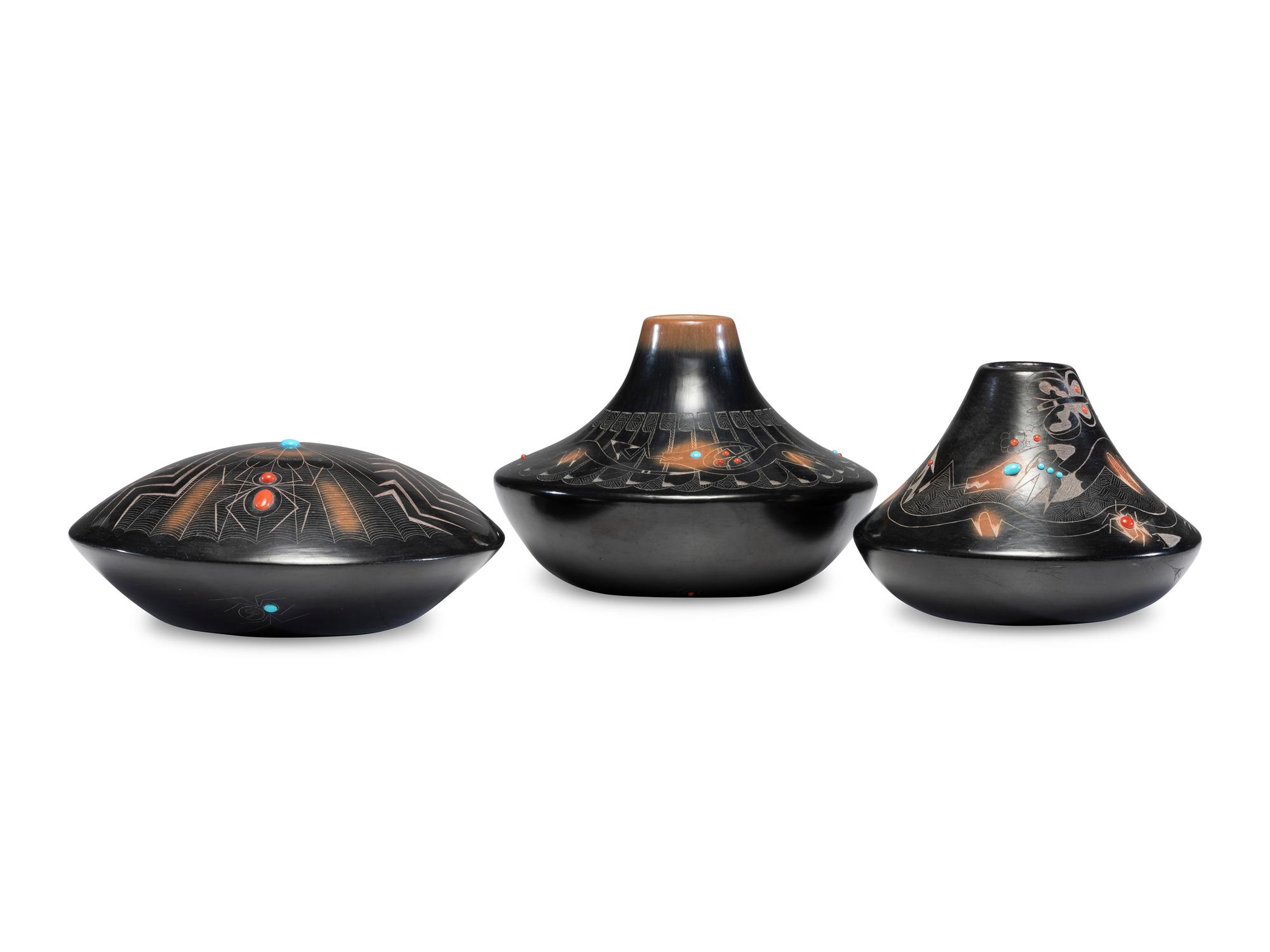 Black and Sienna Sgraffito Pottery Vases