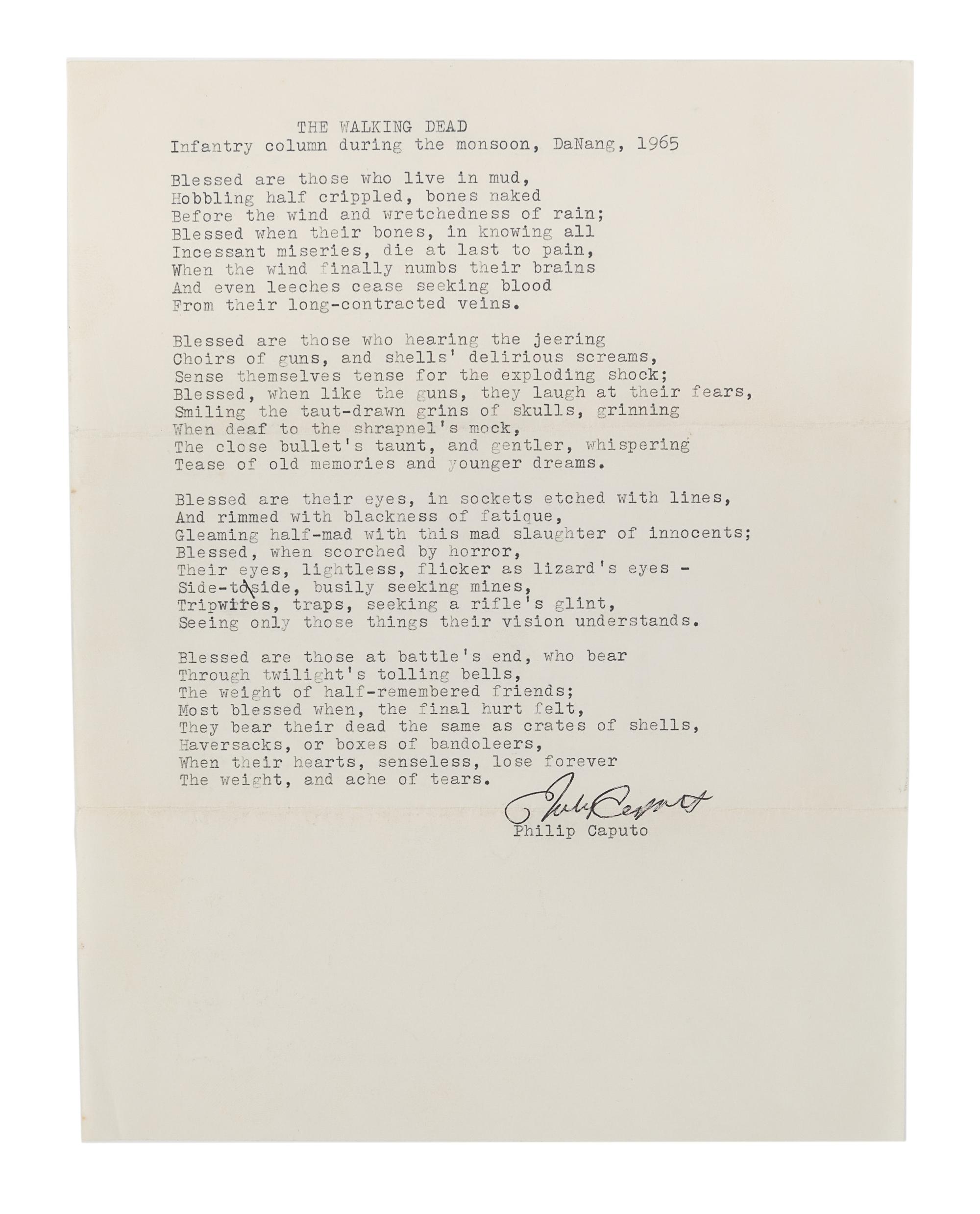 CAPUTO, Philip (b. 1941). A collection of 2 typed poems signed with carbon copies ("Philip Caputo"), 2 autograph letters signed ("Phil"), and one typed letter signed ("Phil"), 2 December 1973 - 19 April 1977, a few typed and handwritten corrections. Together 15 pages, 4to, with two envelopes .