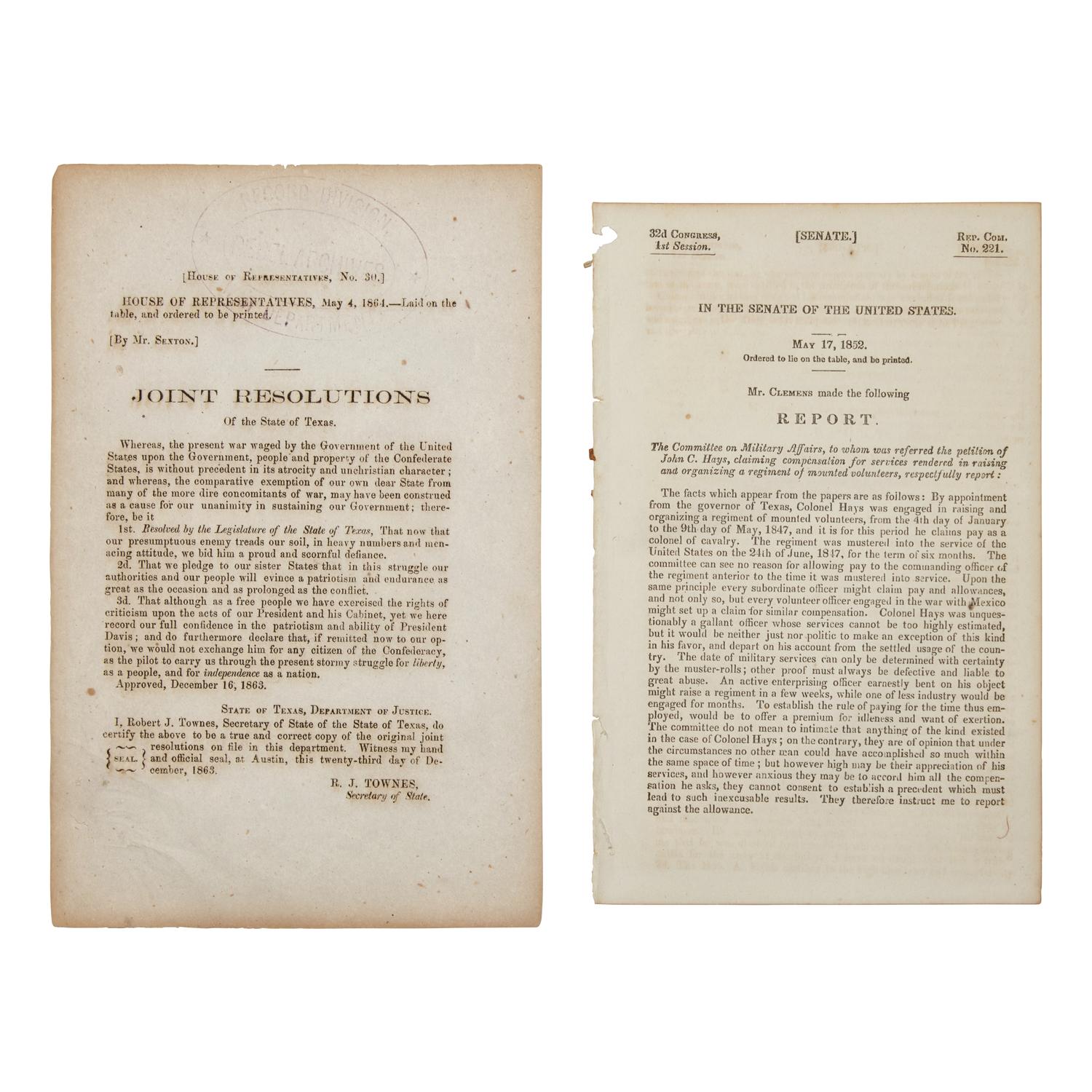 [Texiana] Group of 4 Items Related to Early Texas, Including a Report of the Reception of Texas's Declaration of Independence, ca. 1836-64