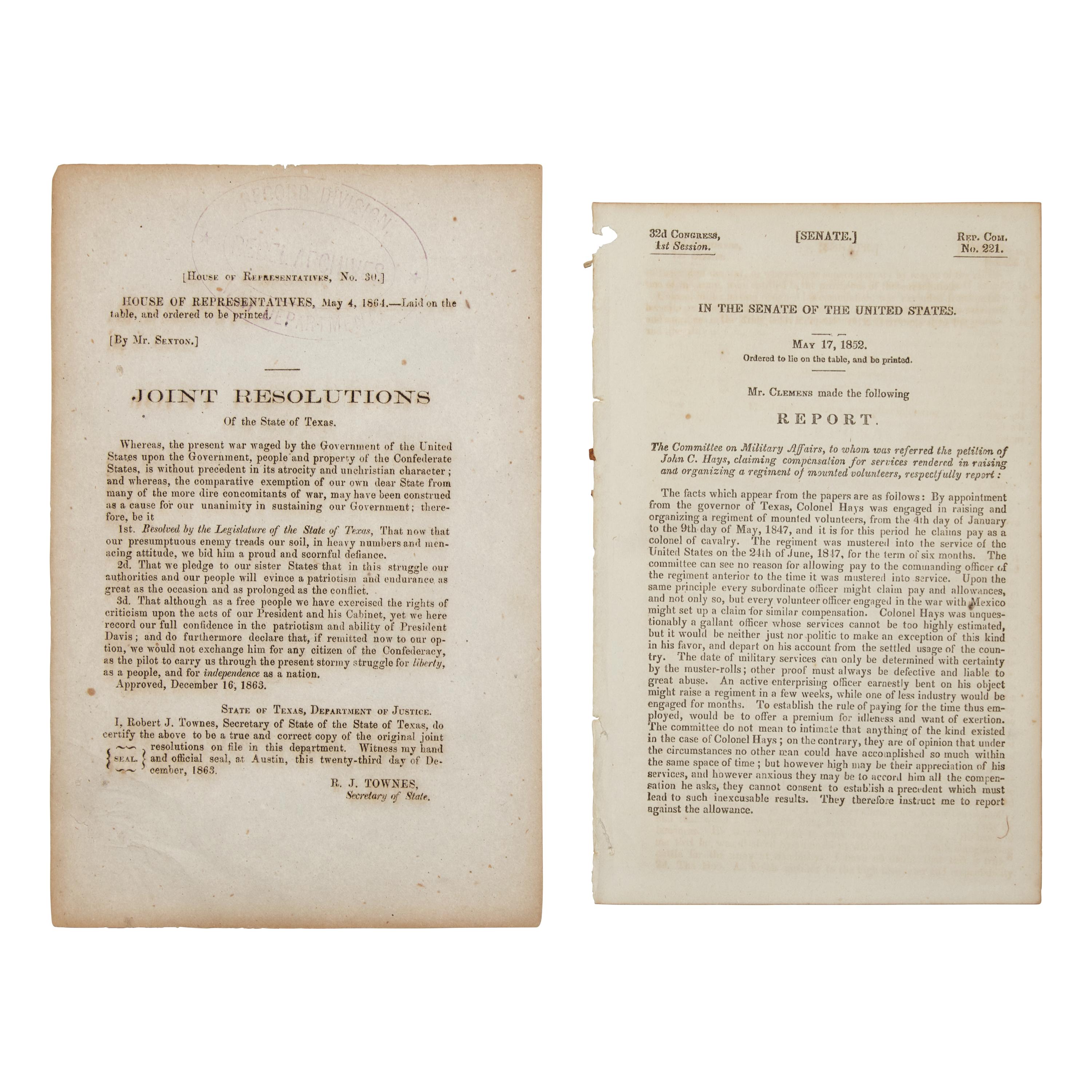 [Texiana] Group of 4 Items Related to Early Texas, Including a Report of the Reception of Texas's Declaration of Independence, ca. 1836-64