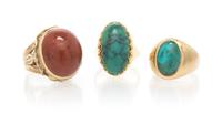 A Collection of Yellow Gold, Turquoise and Jasper Rings, 24.30 dwts.