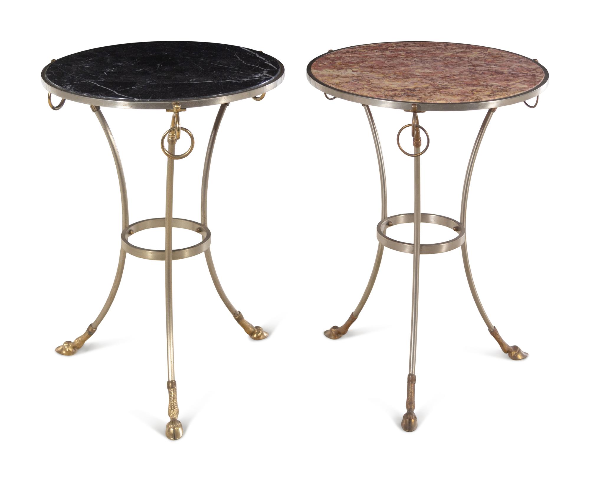 A Near Pair of Steel and Brass Marble-Top Tables