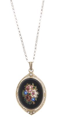 A Continental Pietra Dura and Pearl Locket Length of pendant 1 3/8 inches.