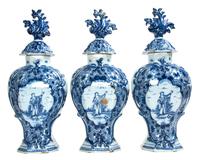 Three Delft Tin Glaze Porcelain Covered Vases Height 17 1/4 inches. — EARLY 20TH CENTURY