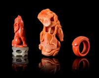 Three Carved Red Coral Articles Height of largest 2 inches.