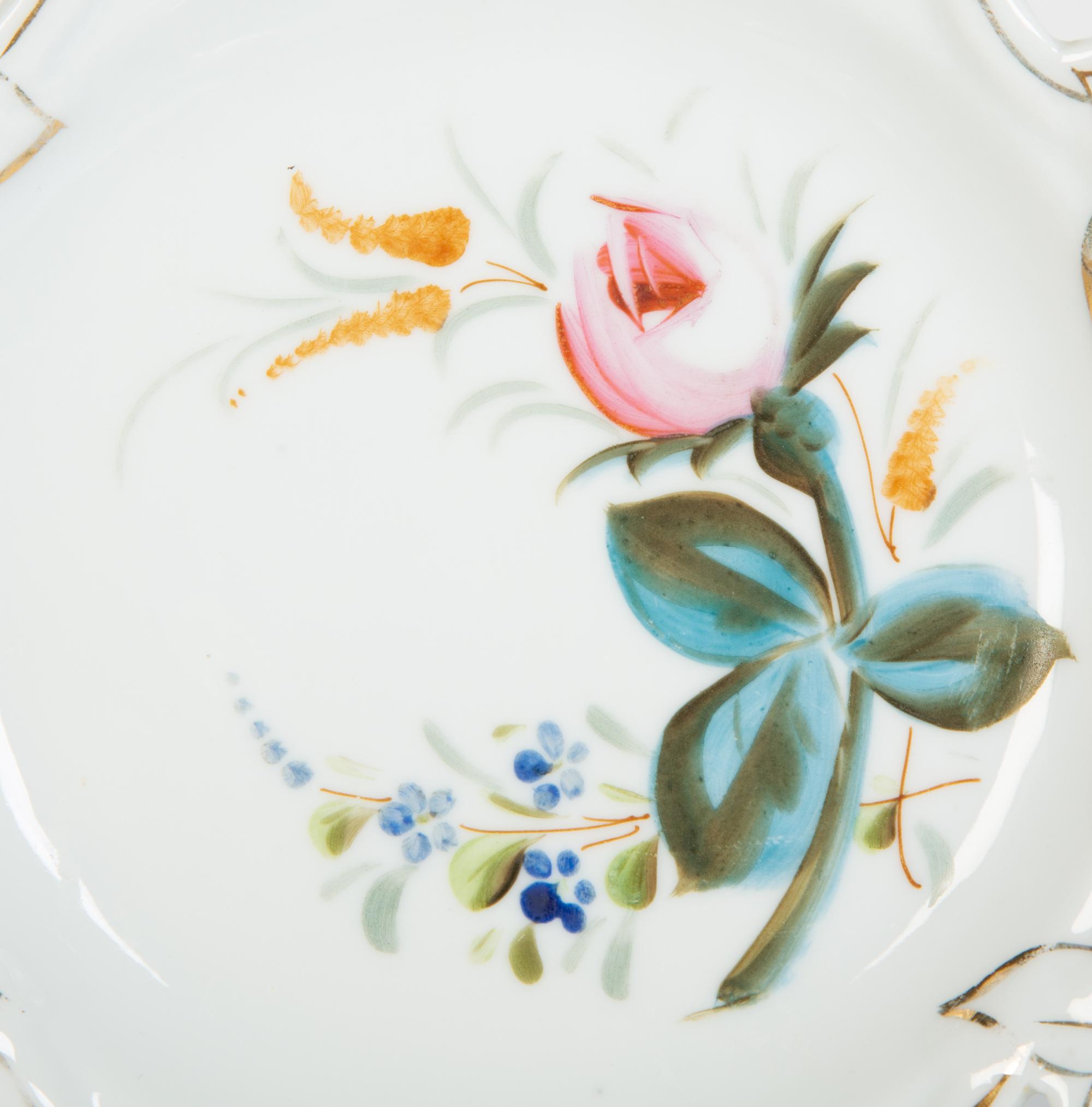 Nine English Porcelain Luncheon Plates and Five Continental Porcelain Cups with Saucers