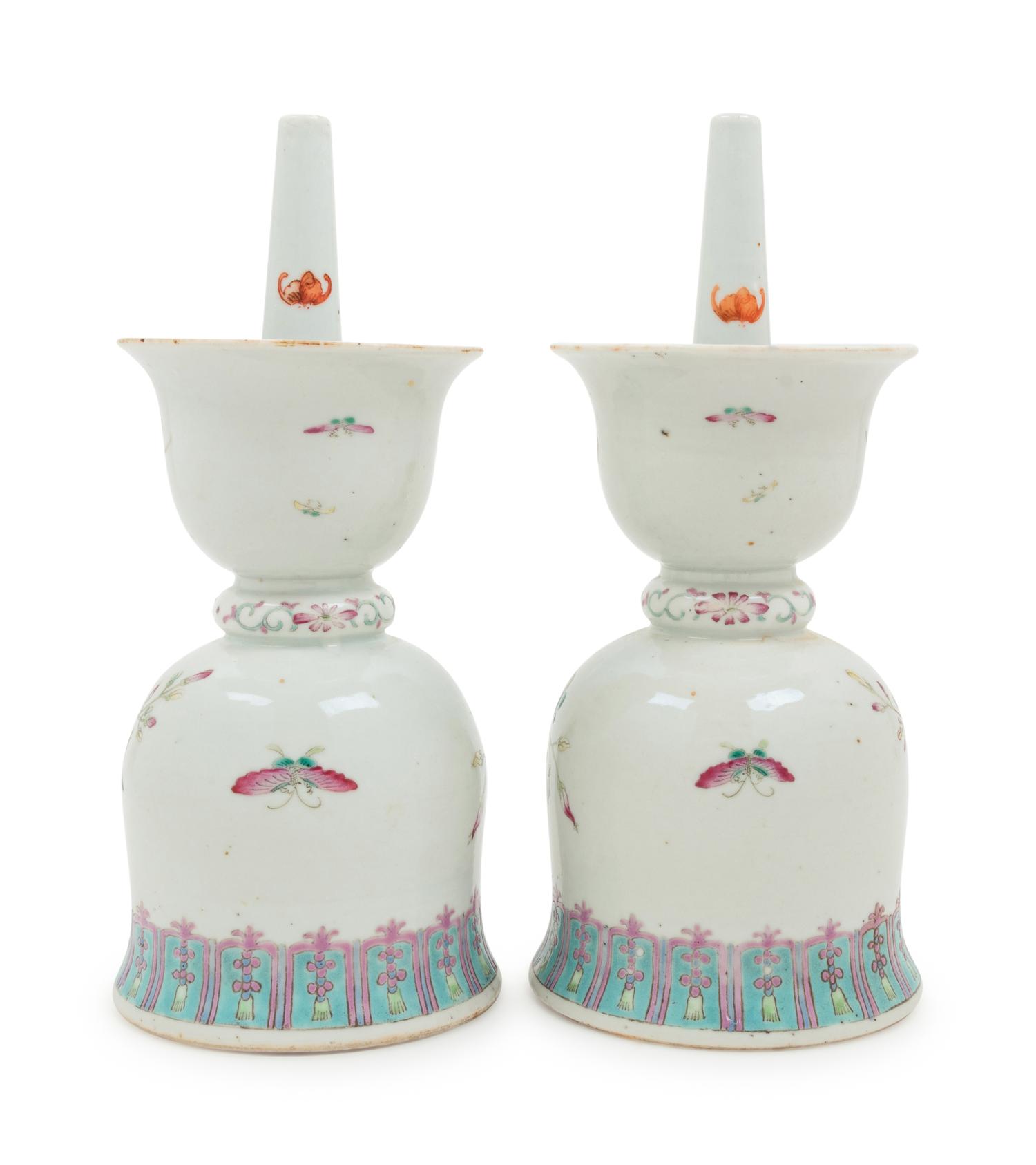 A Pair of Chinese Enameled Porcelain Incense Holders