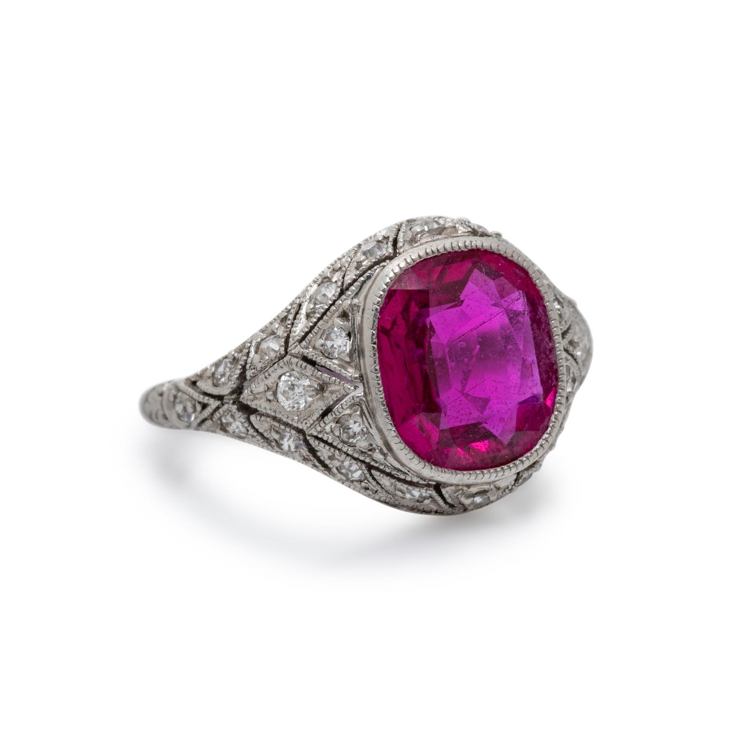 UNHEATED BURMESE RUBY AND DIAMOND RING