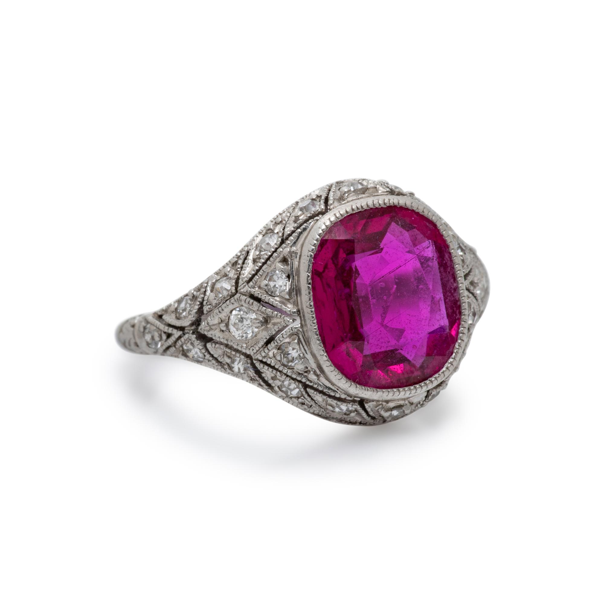 UNHEATED BURMESE RUBY AND DIAMOND RING