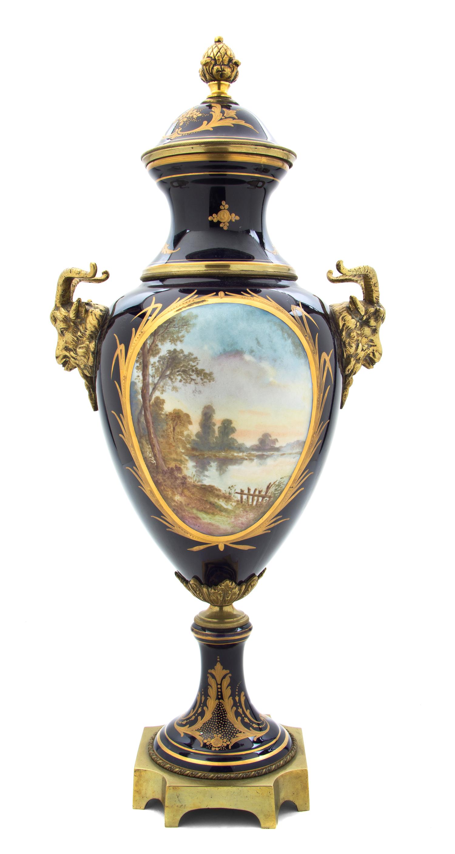 A Sevres Style Porcelain and Gilt Metal Mounted Urn, Height 23 inches.