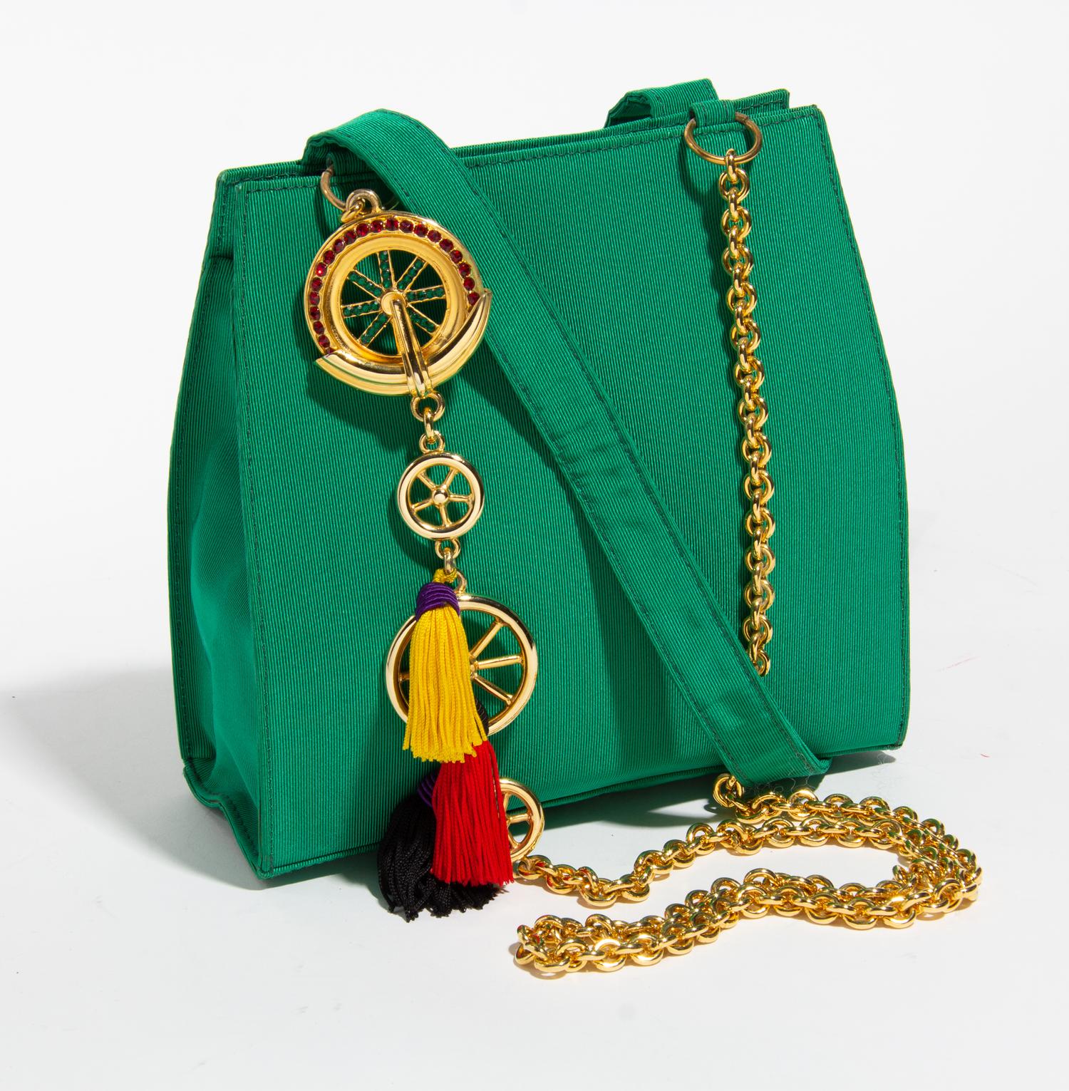 A Gianni Versace Green Silk Shoulder Bag, 8" x 8" x 3"; Strap drop: 19.5".