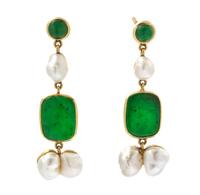 A Pair of Yellow Gold, Cultured Keshi Pearl, Jade and Nephrite Earrings, 6.80 dwts.