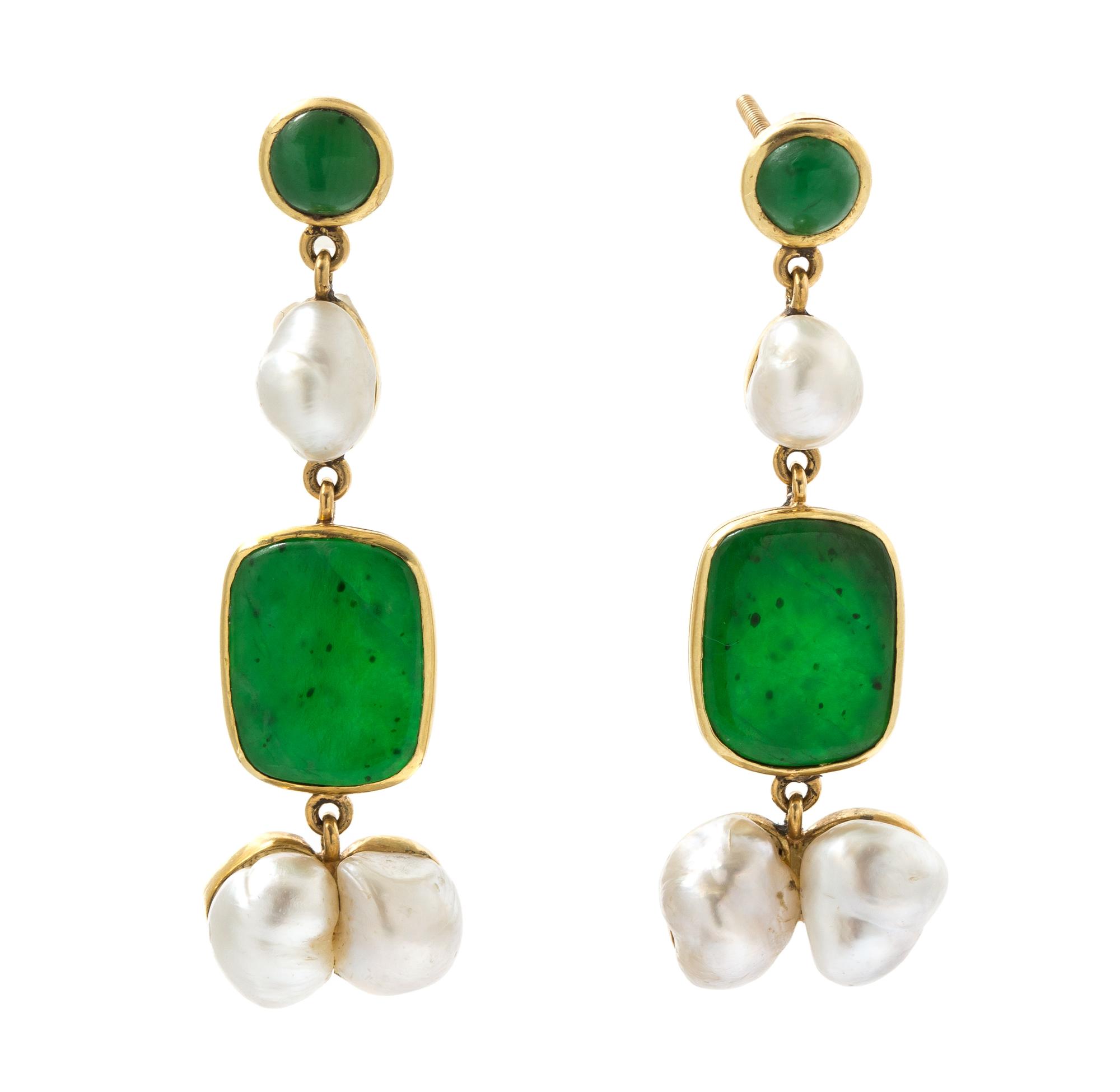 A Pair of Yellow Gold, Cultured Keshi Pearl, Jade and Nephrite Earrings, 6.80 dwts.