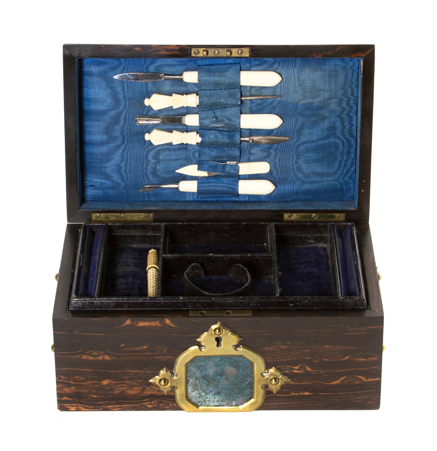 A Victorian Brass and Hardstone Inset Calamander Wood Dresser Set, Width 10 inches.