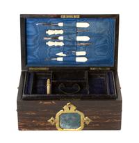 A Victorian Brass and Hardstone Inset Calamander Wood Dresser Set, Width 10 inches.
