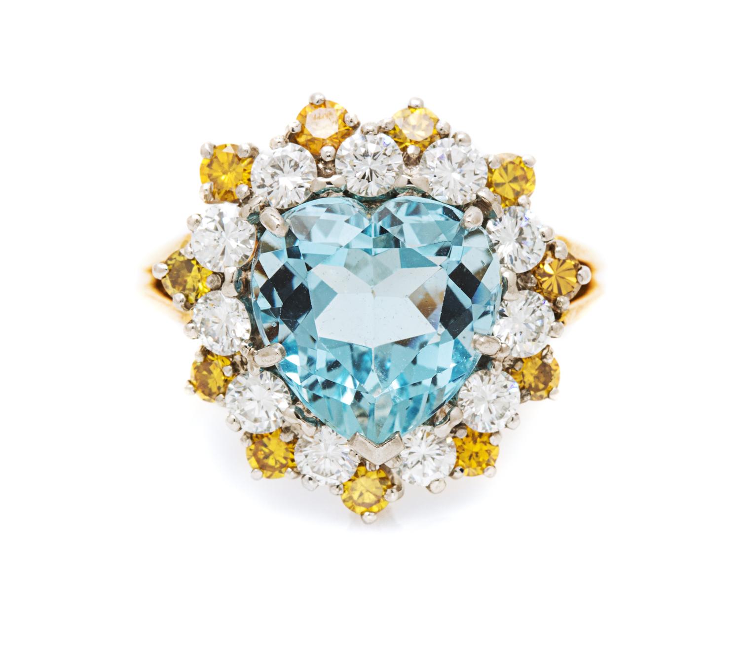 An 18 Karat Yellow Gold, Platinum, Aquamarine, Colored Diamond and Diamond Ring, 4.10 dwts.