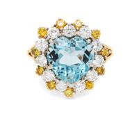 An 18 Karat Yellow Gold, Platinum, Aquamarine, Colored Diamond and Diamond Ring, 4.10 dwts.